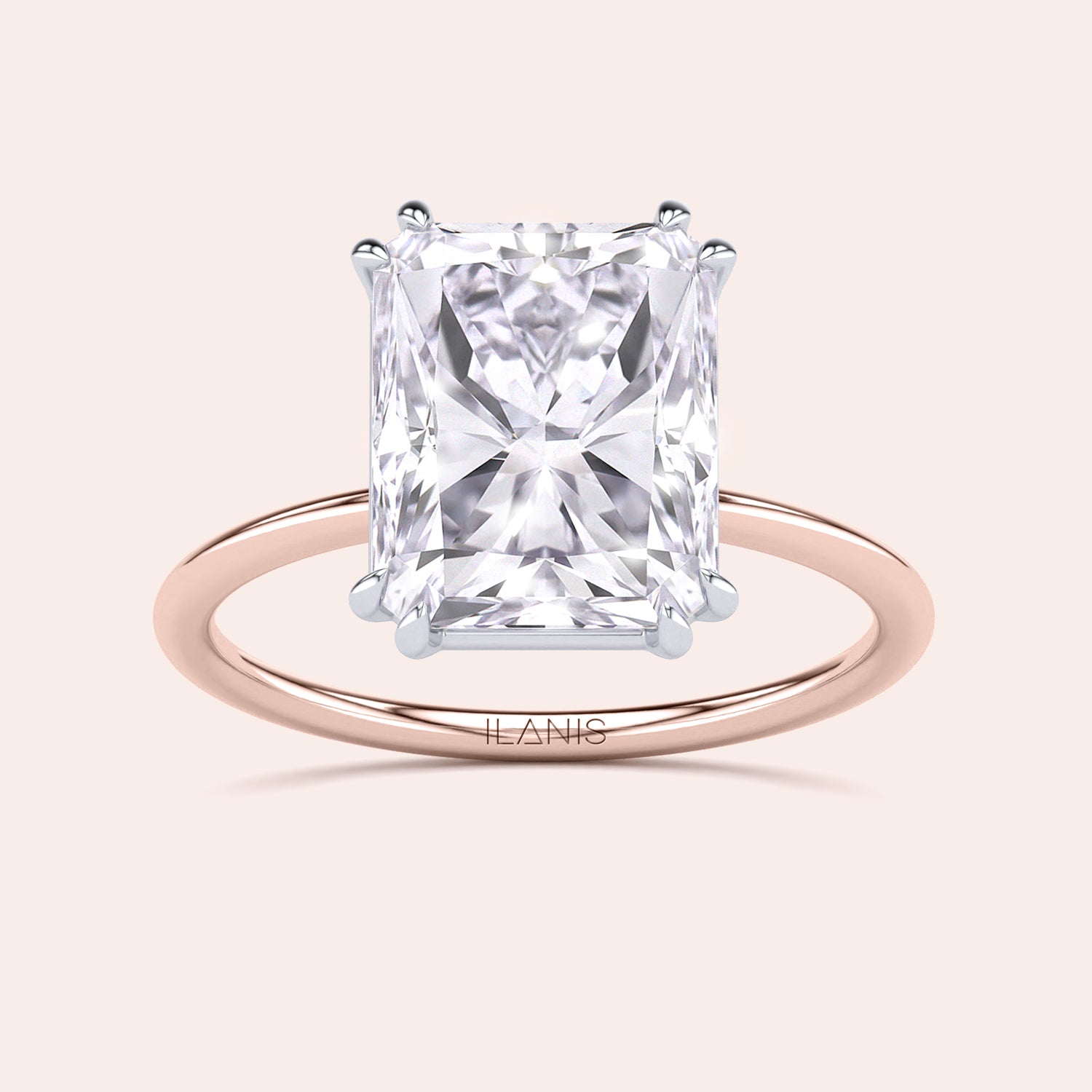 Front Image of Ava Minimalist Solitaire Radiant Cut Diamond Ring featuring a radiant cut diamond set in a two-tone band of either 14K/18K white and yellow gold or white and rose gold, designed for elegance and simplicity, ideal for engagements or special occasions. |
#14KRecycledRose/WhiteGold
#18KRecycledRose/WhiteGold