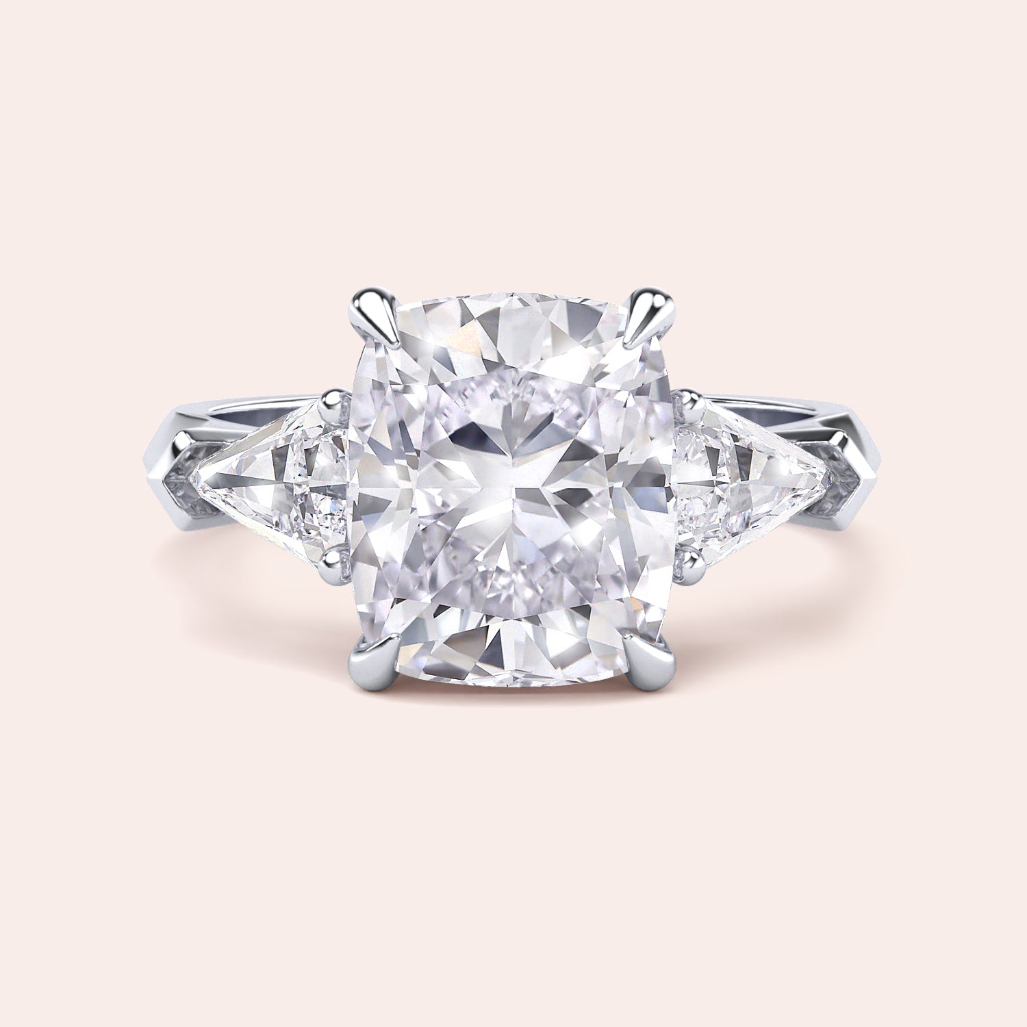 Elegant white gold three stone engagement ring with cushion-cut diamond and hidden halo, available in 14K & 18K gold or platinum.|
#14KRecycledWhiteGold
#18KRecycledWhiteGold
#Platinum