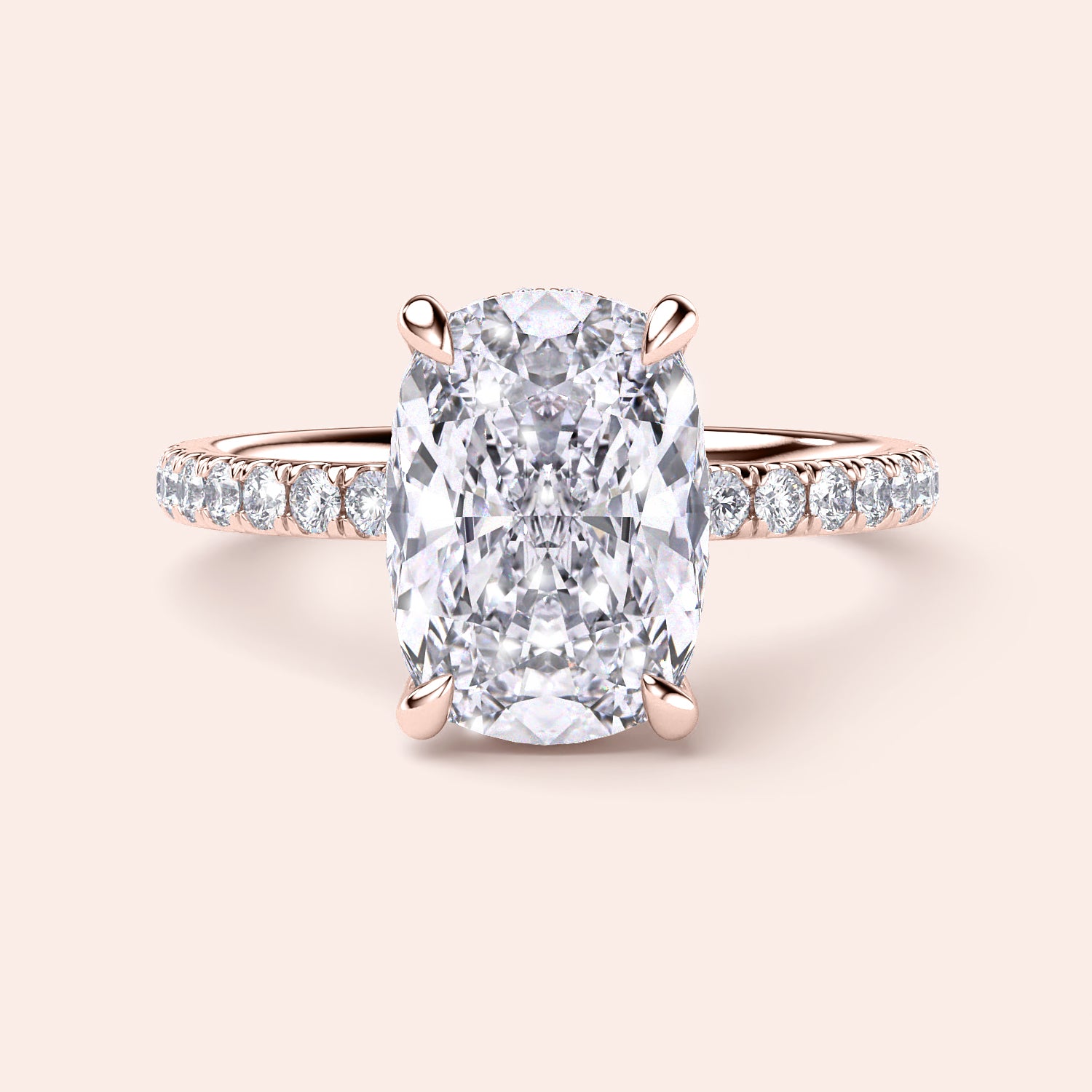 14K Rose Gold Cushion-Cut Diamond Engagement Ring with Pave Band, showcasing a stunning large diamond center stone worn on model.|
#14KRecycledRoseGold
#18KRecycledRoseGold