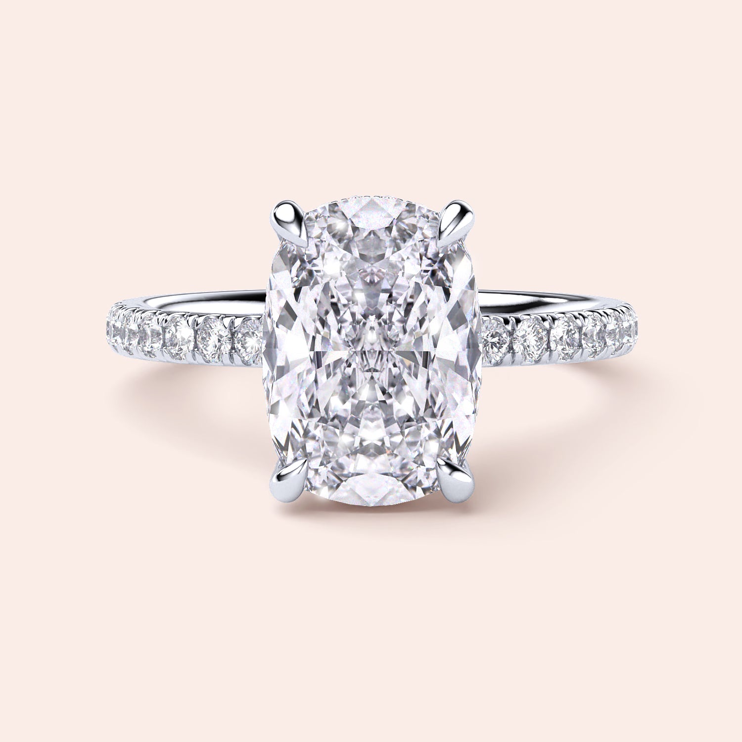 Cushion Cut Diamond Engagement Ring in 14K White Gold with Pave Diamond Band, showcasing a sparkling cushion-shaped center stone.|
#14KRecycledWhiteGold
#18KRecycledWhiteGold
#Platinum