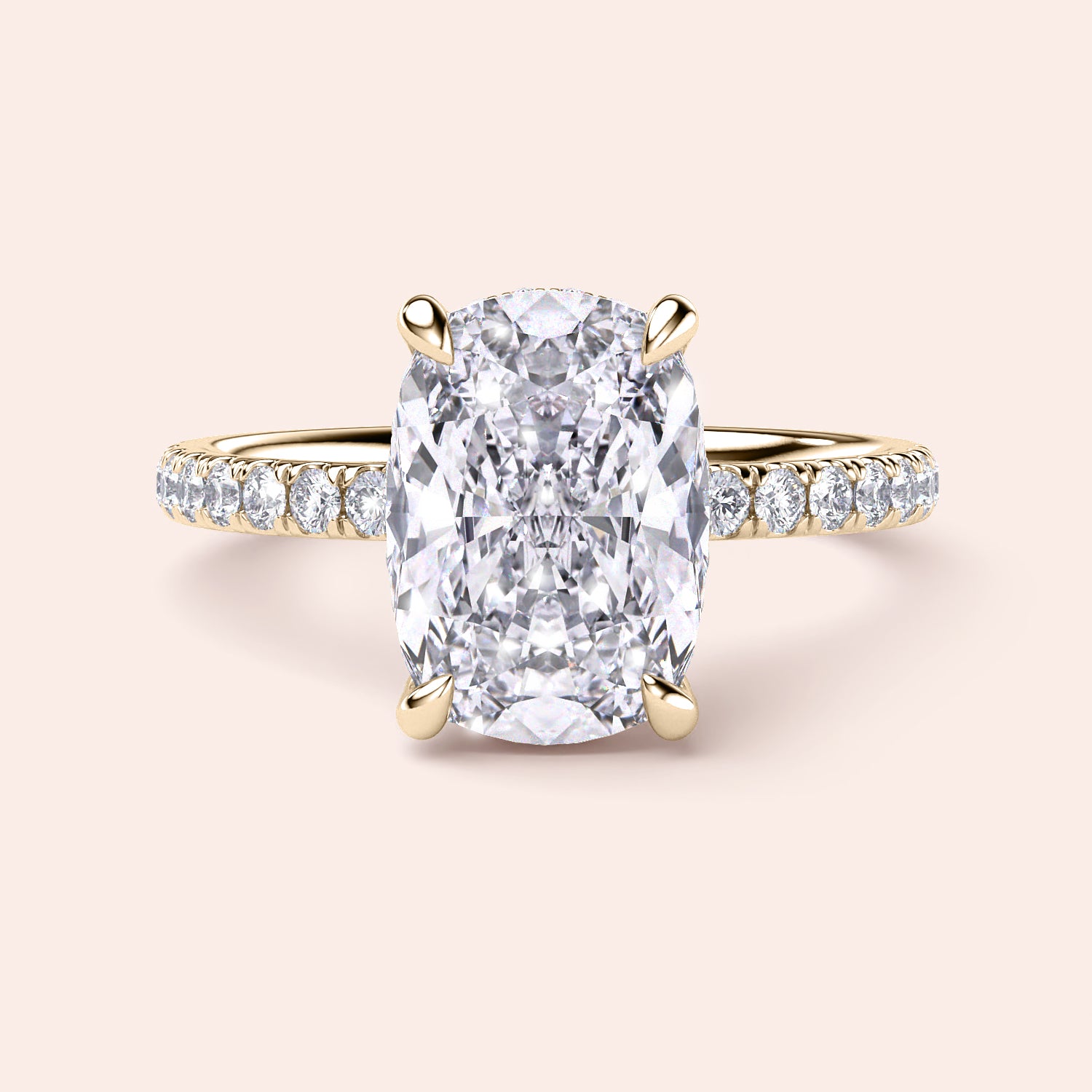 Elegant 14K/18K yellow gold engagement ring with a cushion-cut diamond and pave band, perfect for a timeless proposal.|
#14KRecycledYellowGold
#18KRecycledYellowGold