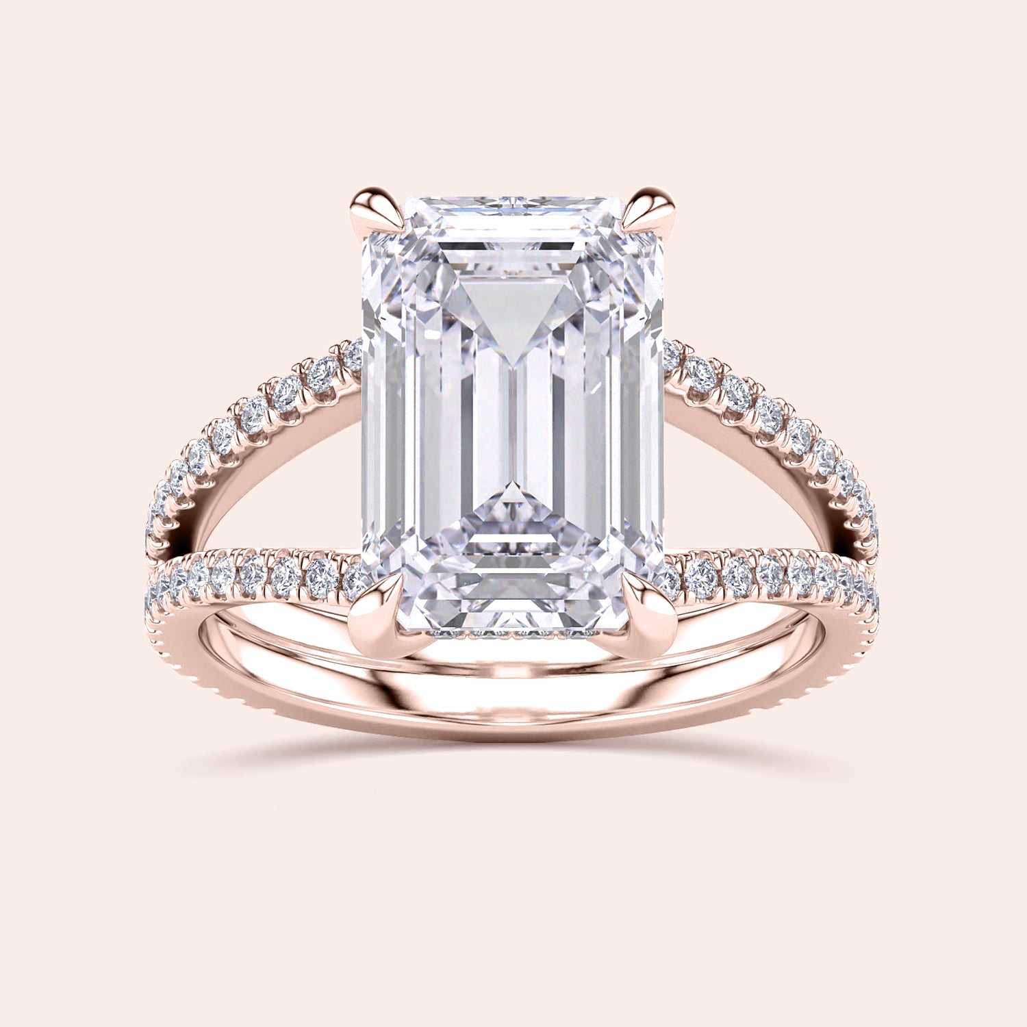 Emerald cut diamond engagement ring with split shank design in 14K Rose Gold, set with pave diamonds, elegant and stunning.|
#14KRecycledRoseGold
#18KRecycledRoseGold