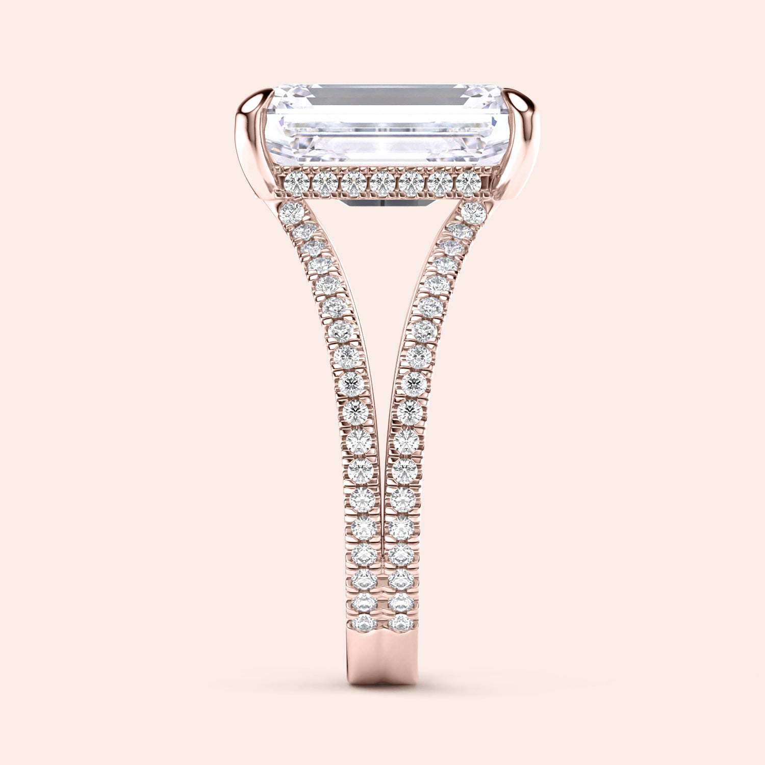 Elegant 14K or 18K rose gold engagement ring featuring an emerald-cut diamond, with aPave-set diamond band, showcasing fine craftsmanship.|
#14KRecycledRoseGold
#18KRecycledRoseGold