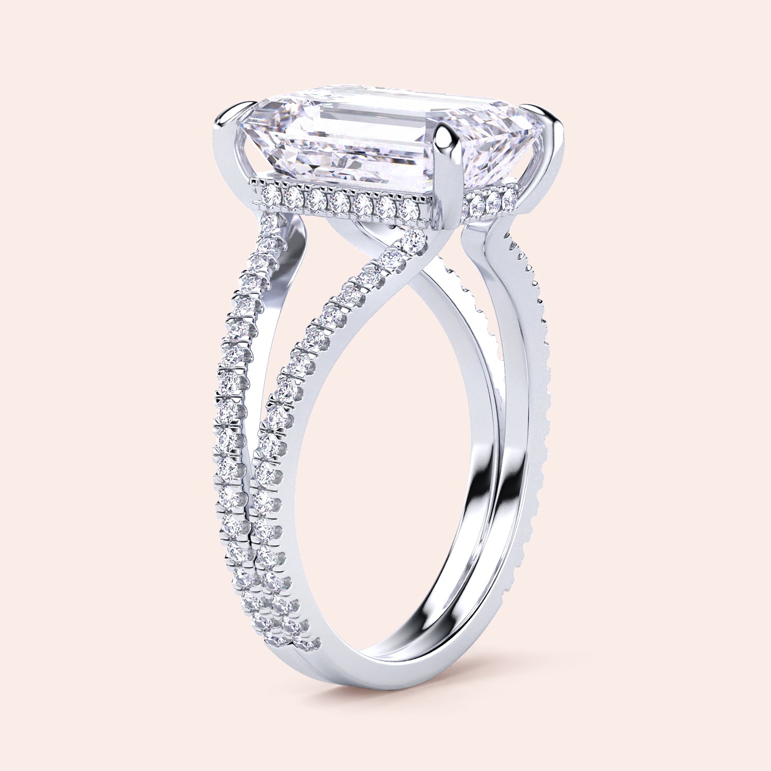 Elegant double-row emerald-cut diamond engagement ring in 14K or 18K gold or platinum, showcasing hidden halo design.|
#14KRecycledWhiteGold
#18KRecycledWhiteGold
#Platinum