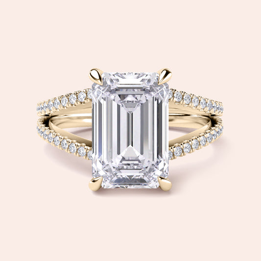 Elegant 14K or 18K Gold Engagement Ring Featuring Emerald-Cut Diamond with Pave Diamonds, Split Shank and Hidden Halo.