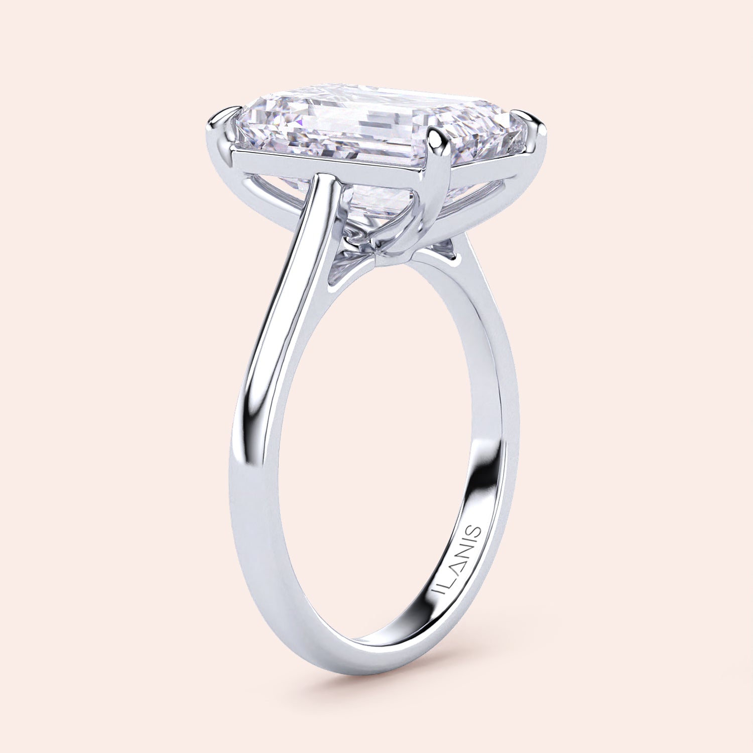 Elegant 14K white gold emerald solitaire engagement ring in cathedral setting, showcasing modern design and brilliant sparkle.|
#14KRecycledWhiteGold
#18KRecycledWhiteGold
#Platinum