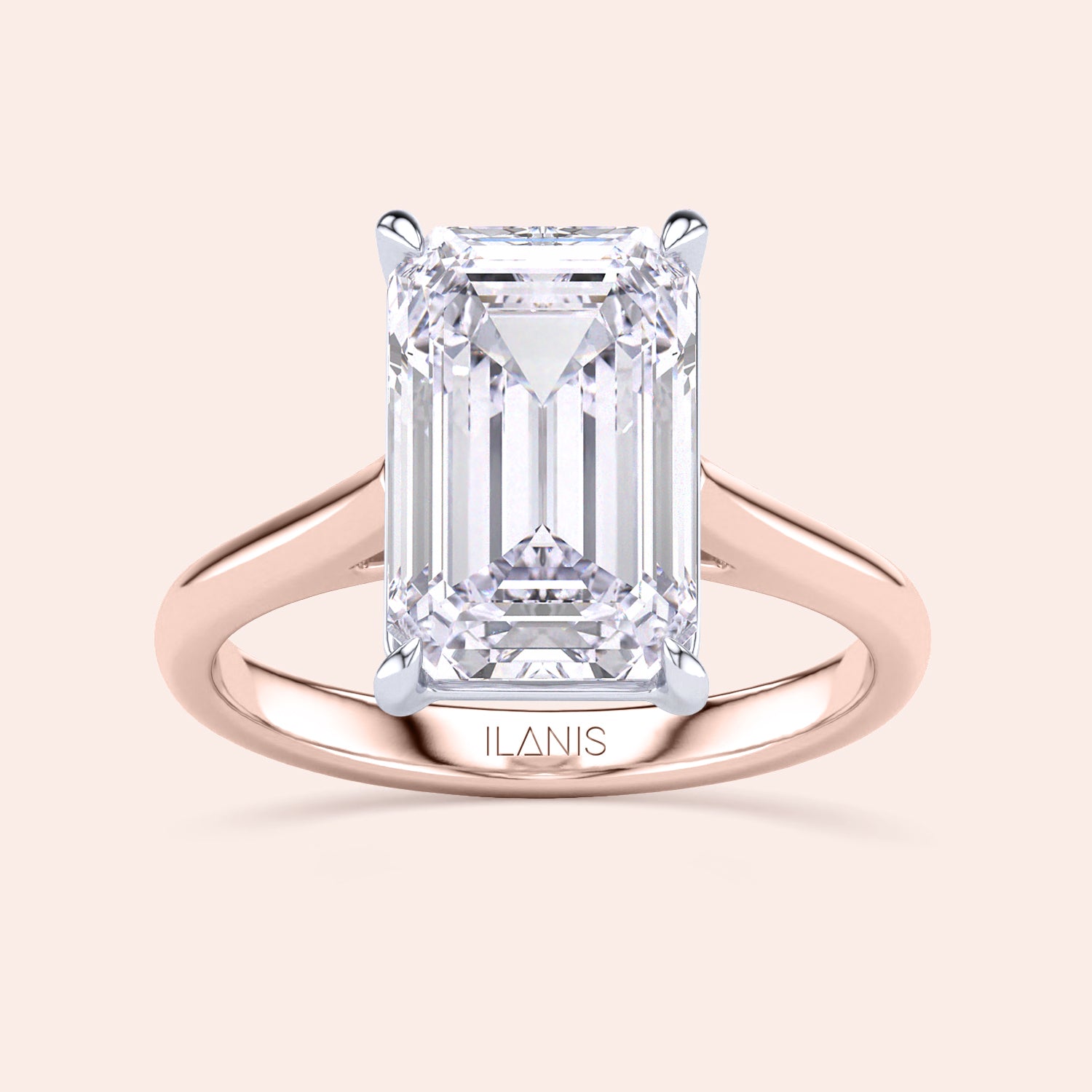 Two-tone emerald-cut diamond ring in 14K/18K white and rose gold, featuring a stunning cathedral design. |
#14KRecycledRose/WhiteGold
#18KRecycledRose/WhiteGold