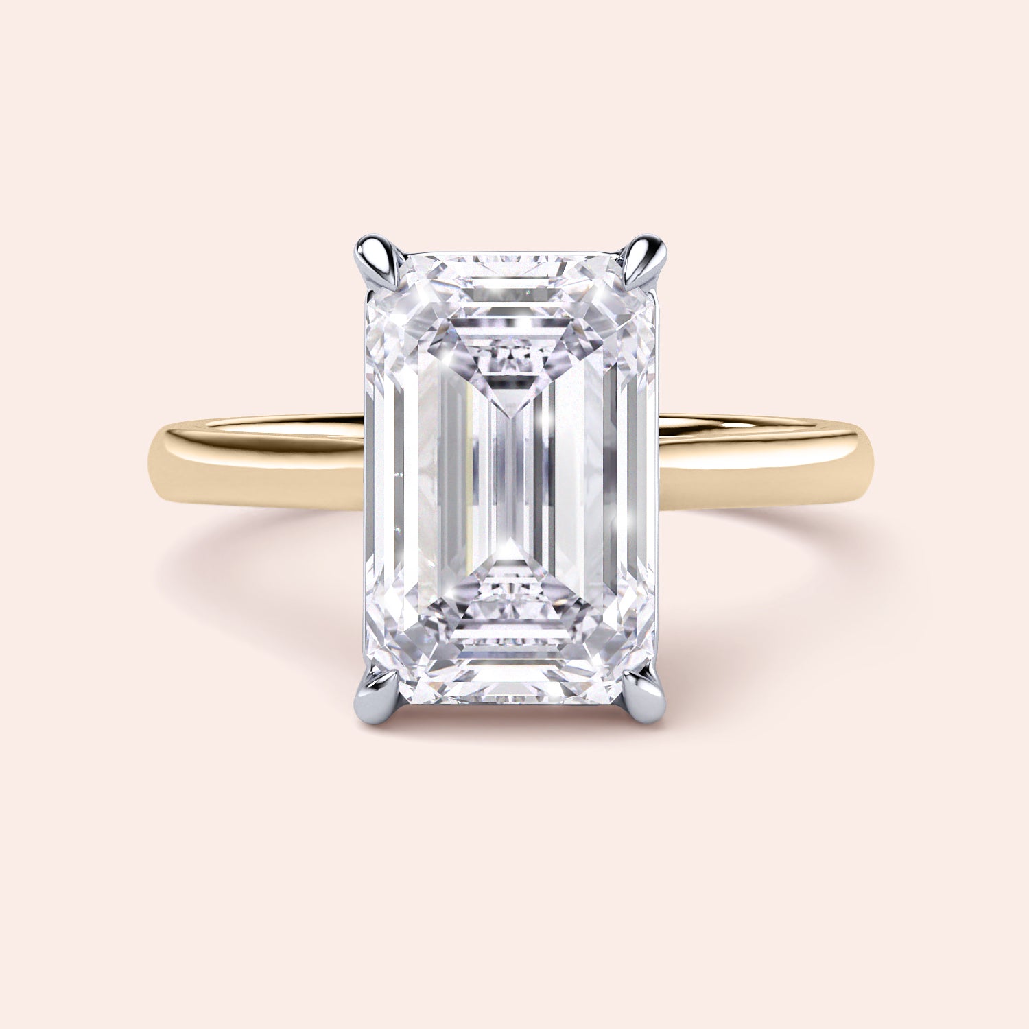 Two-tone 14K/18K gold emerald-cut diamond engagement ring in white and yellow gold, featuring a striking cathedral design. |
#14KRecycledYellow/WhiteGold
#18KRecycledYellow/WhiteGold