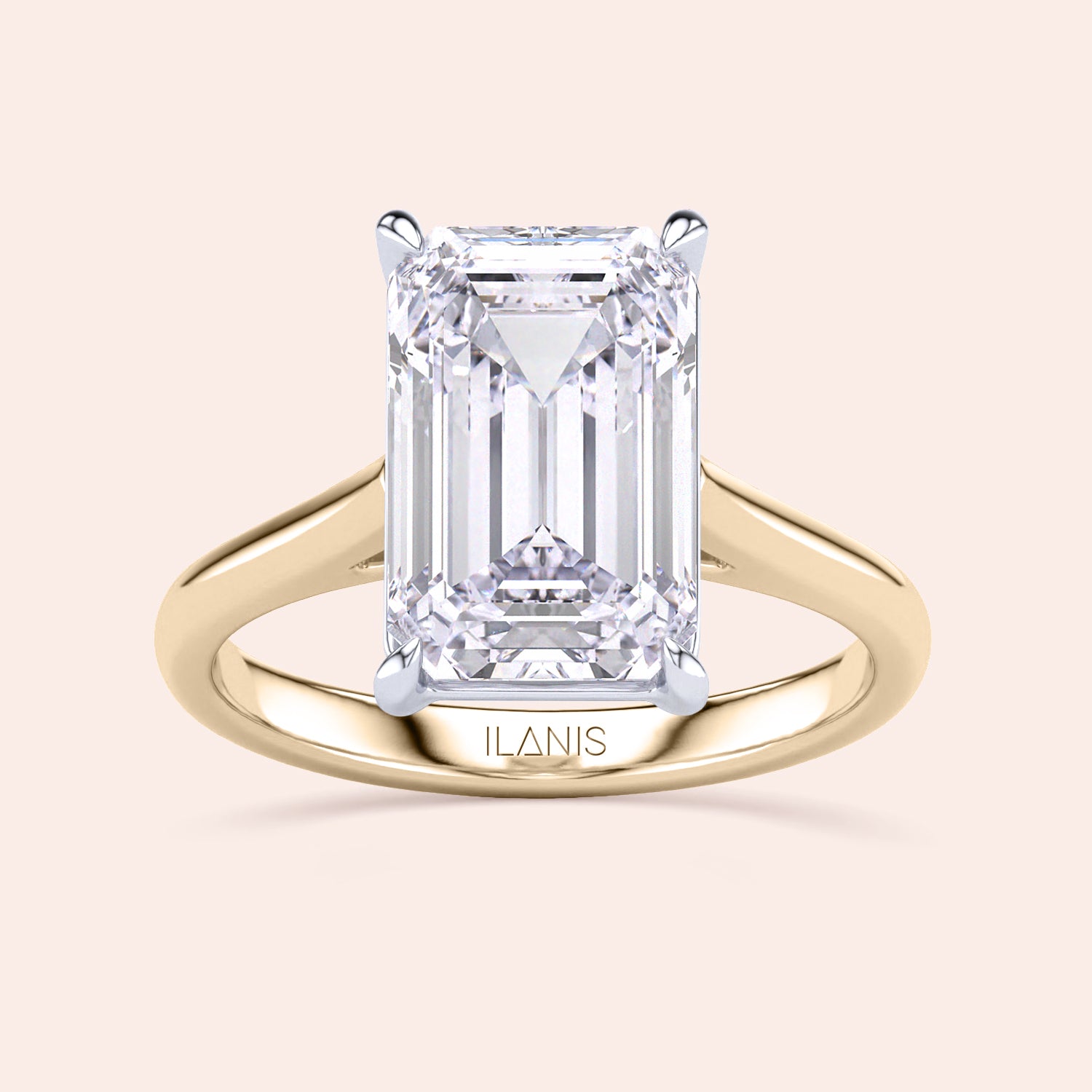 Emerald-cut two-tone 14K white and yellow gold diamond ring, featuring a stunning solitaire design in a cathedral setting. |
#14KRecycledYellow/WhiteGold
#18KRecycledYellow/WhiteGold
