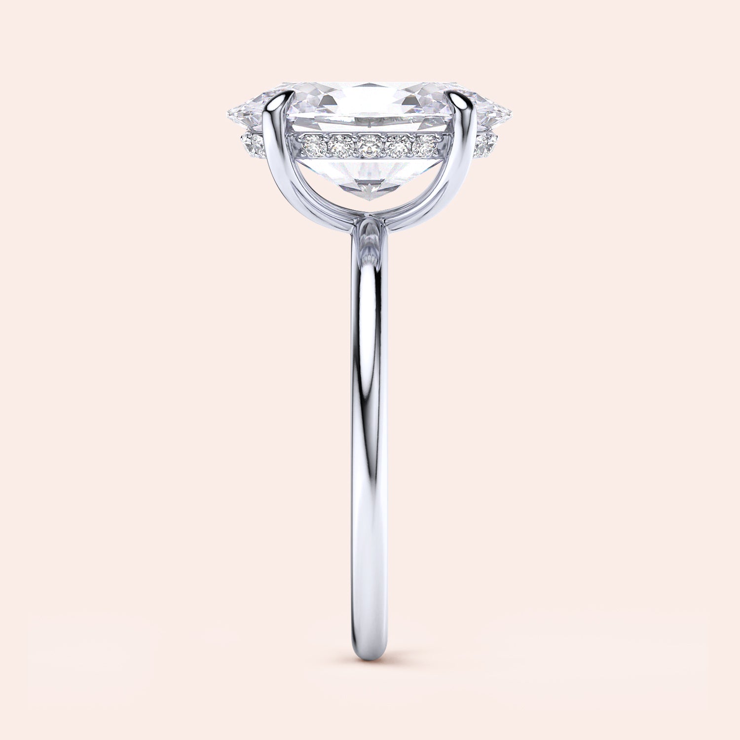 Elegant 14K/18K White Gold Oval Solitaire Engagement Ring with Hidden Halo and Diamonds, featured in a minimalist studio setting.|
#14KRecycledWhiteGold
#18KRecycledWhiteGold
#Platinum