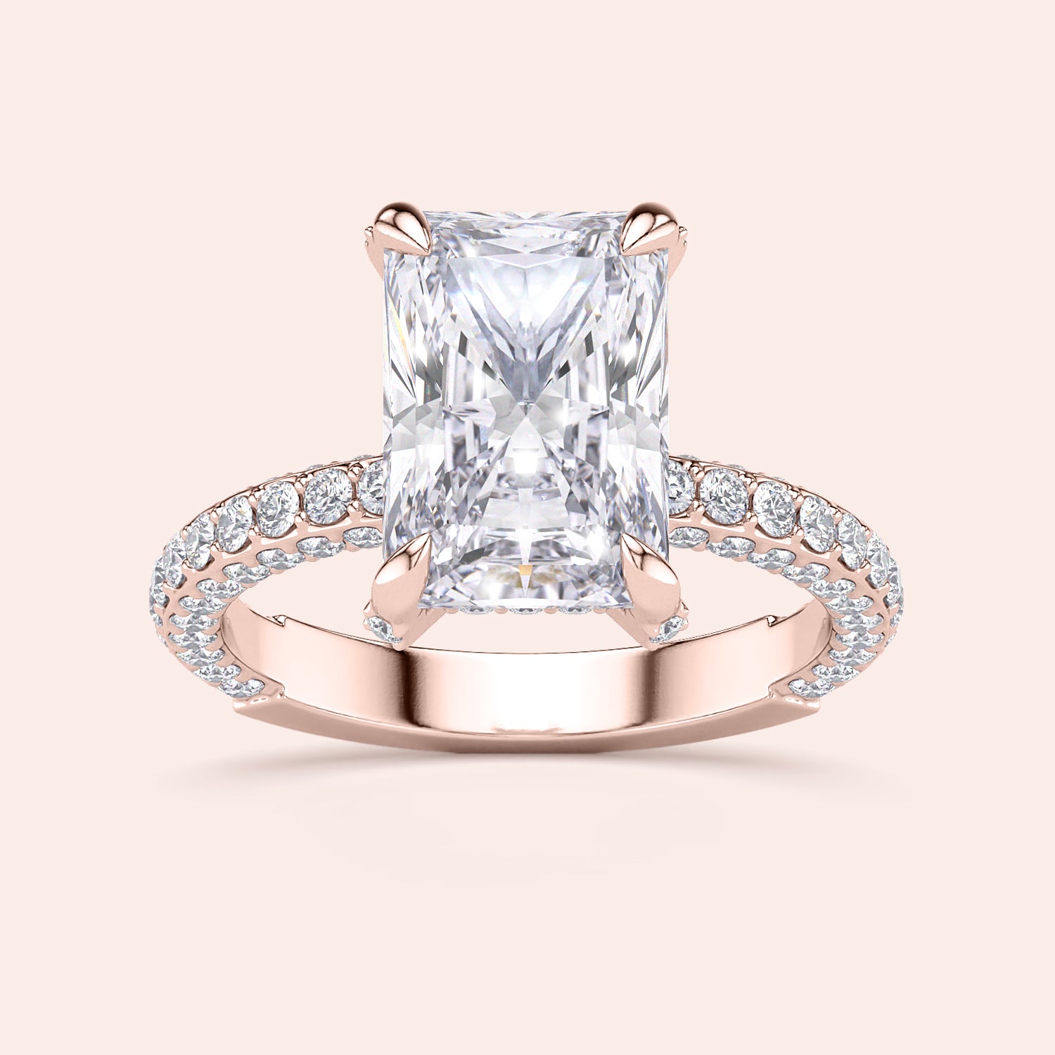 Radiant-cut diamond engagement ring in 14K rose gold with a fullPave band, showcasing elegance and timeless beauty.|
#14KRecycledRoseGold
#18KRecycledRoseGold