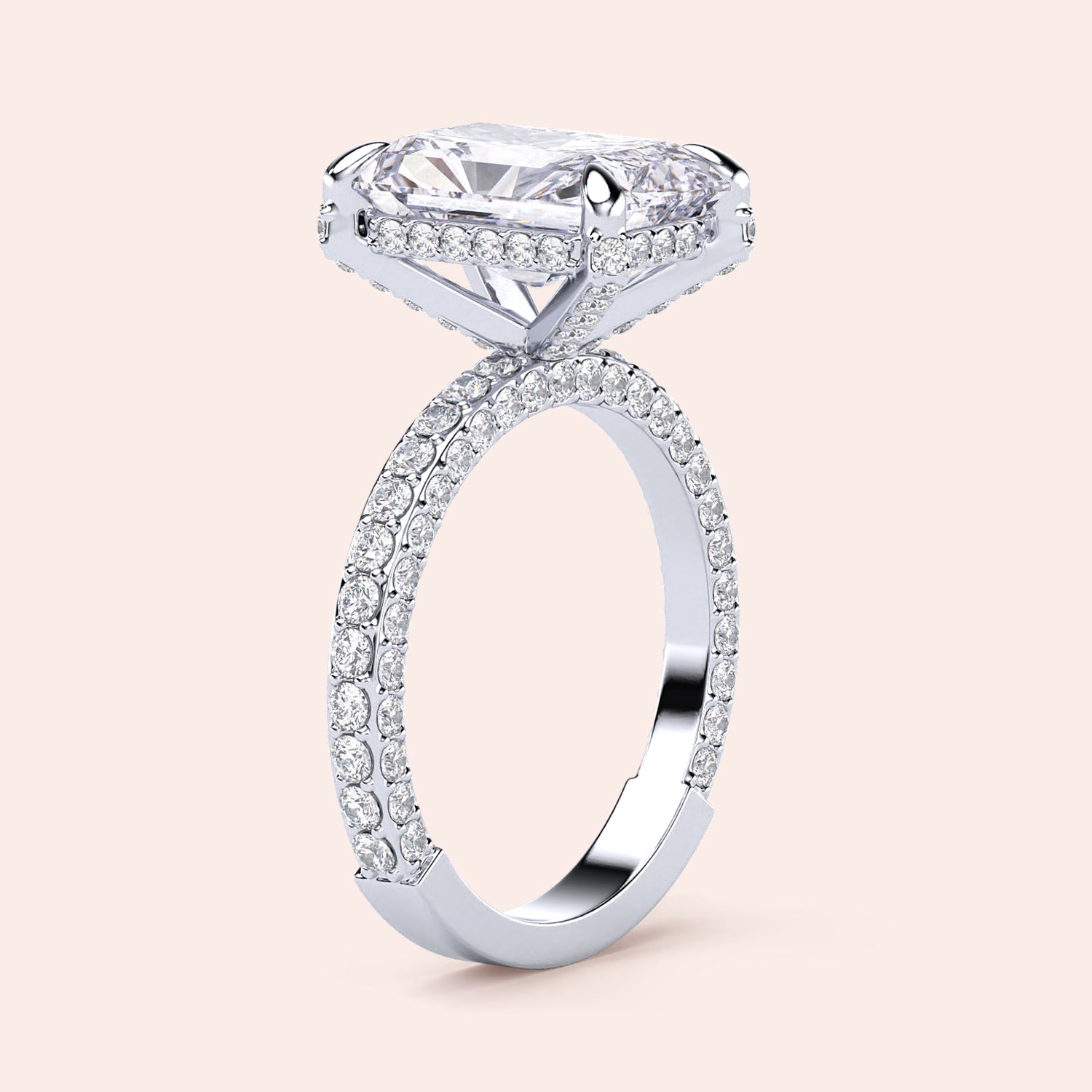 14K white gold engagement ring featuring an emerald-cut diamond and aPave band, elegantly designed for timeless sophistication.|
#14KRecycledWhiteGold
#18KRecycledWhiteGold
#Platinum