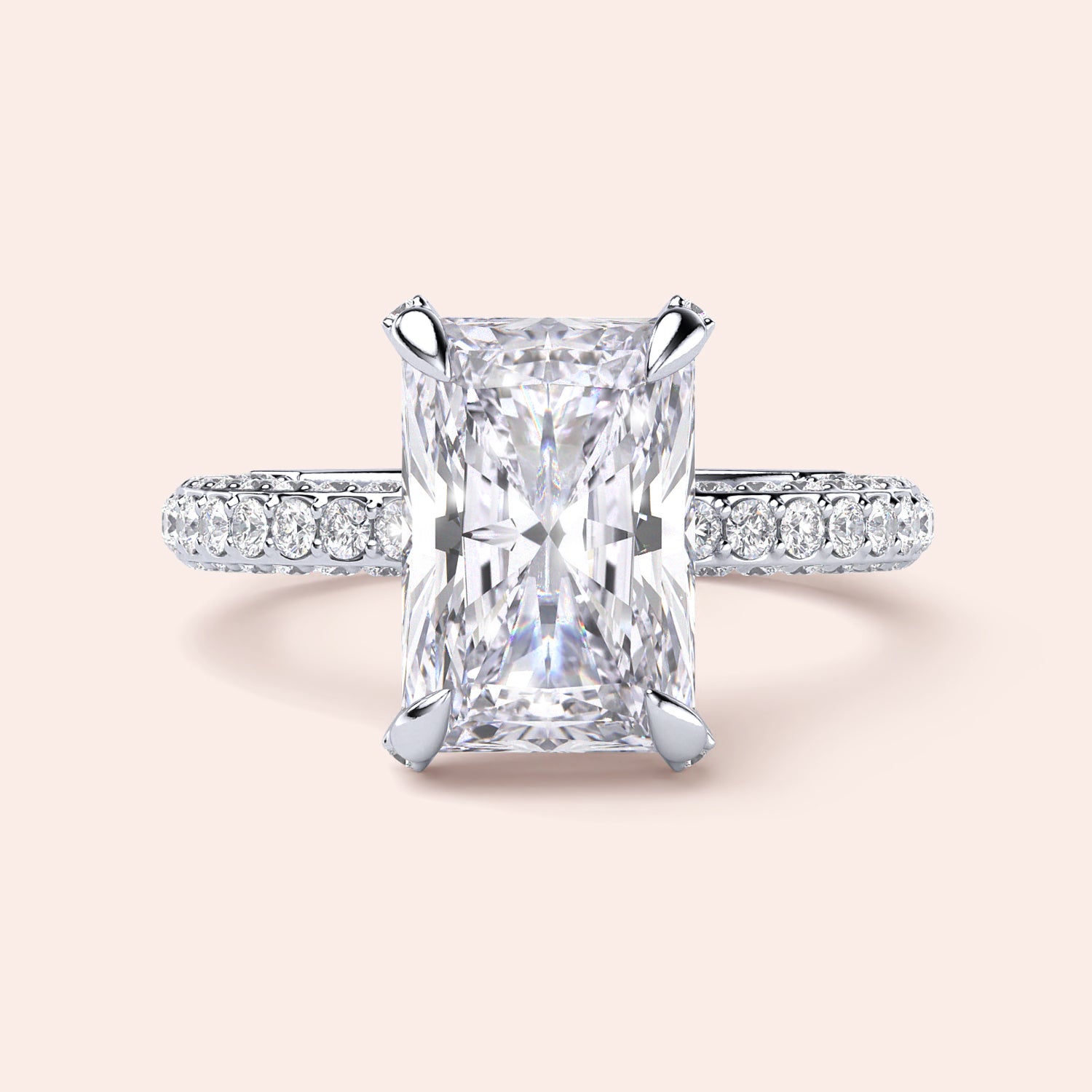 Radiant cut diamond engagement ring in 14K or 18K white gold or platinum with Pave diamond band, front view.|
#14KRecycledWhiteGold
#18KRecycledWhiteGold
#Platinum