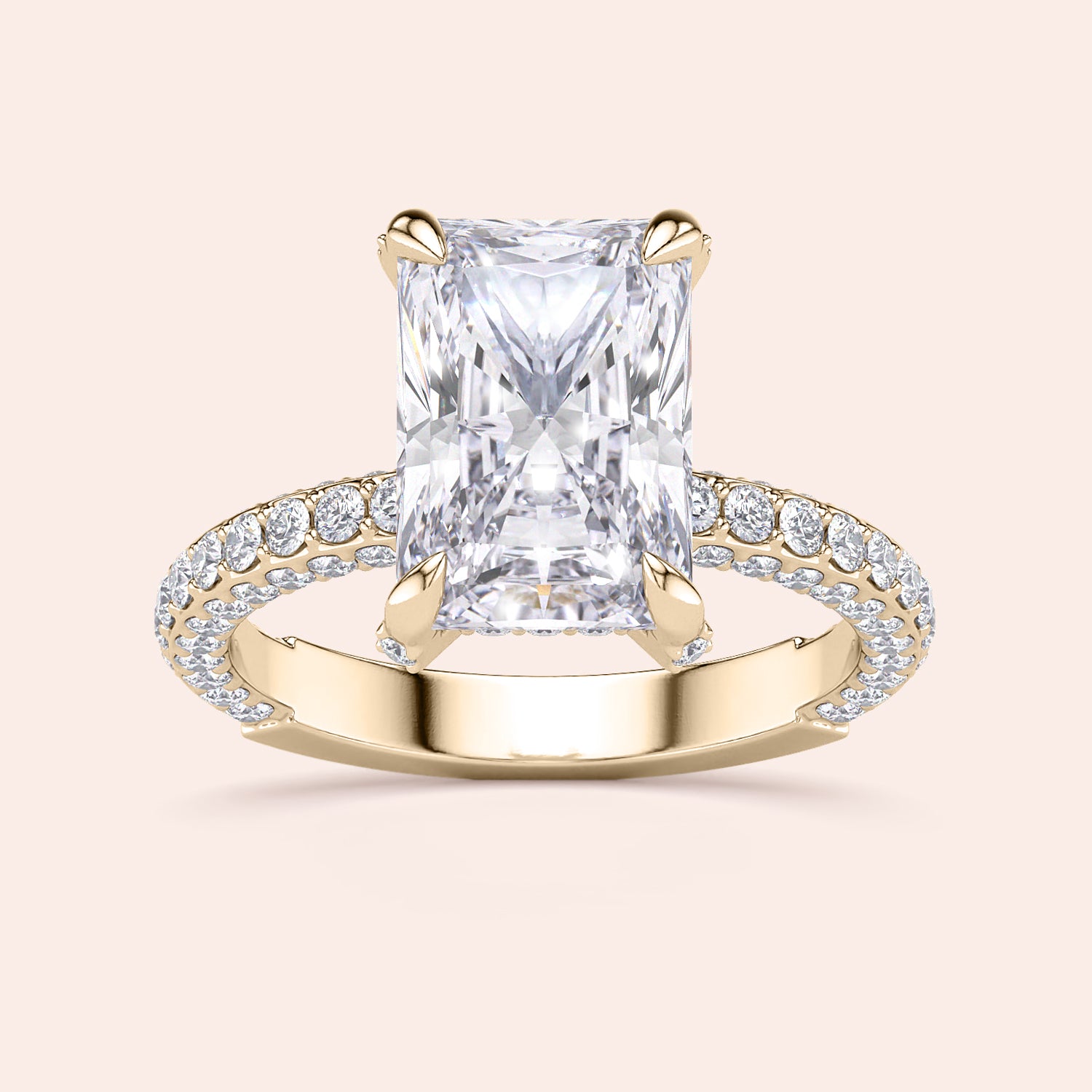 Radiant diamond engagement ring in 14K or 18K yellow gold, featuring a stunning center stone andPave diamond band, shown on model.|
#14KRecycledYellowGold
#18KRecycledYellowGold