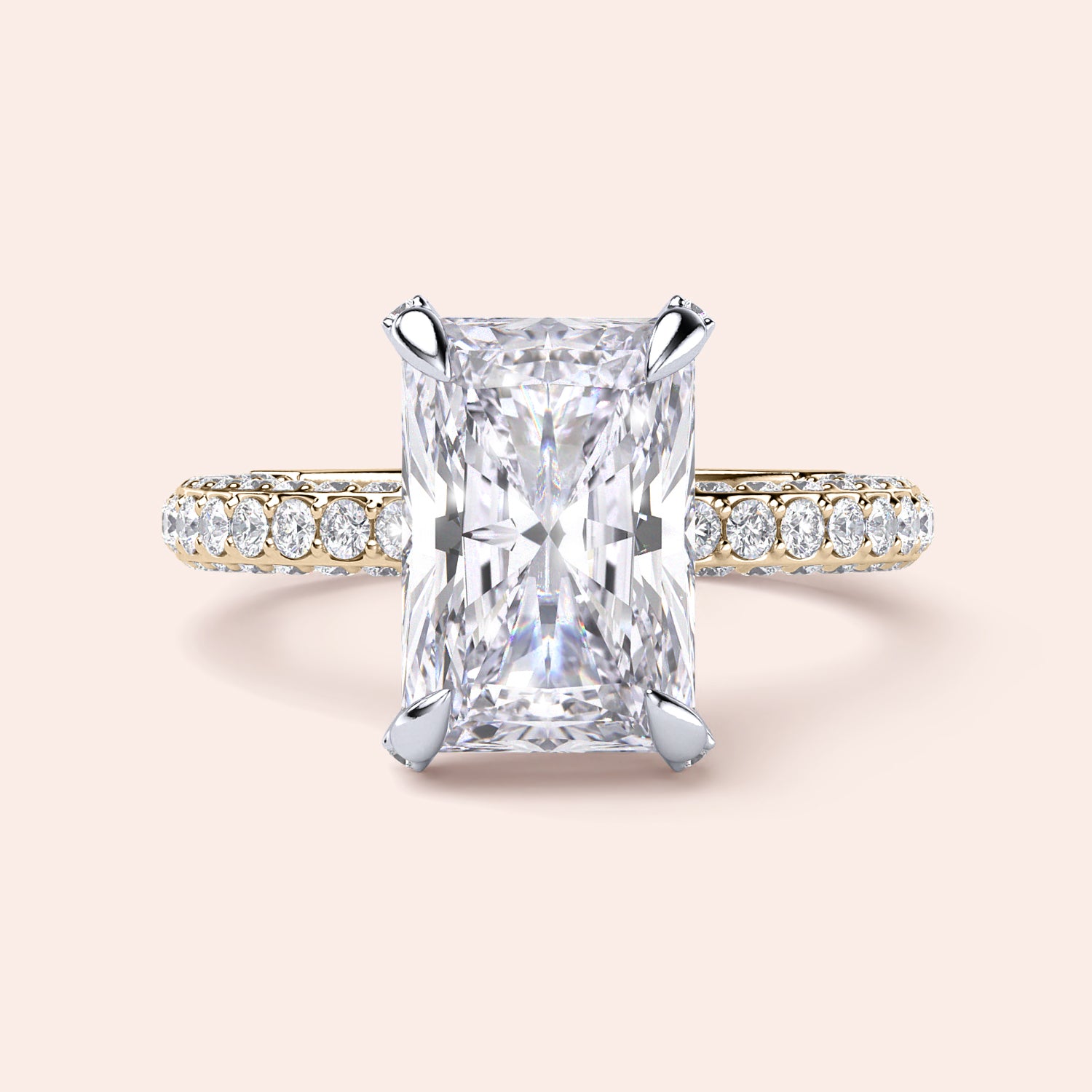 Two-tone 14K/18K white and yellow gold diamond engagement ring with radiant cut, featuring an elegant, timeless design. |
#14KRecycledYellow/WhiteGold
#18KRecycledYellow/WhiteGold