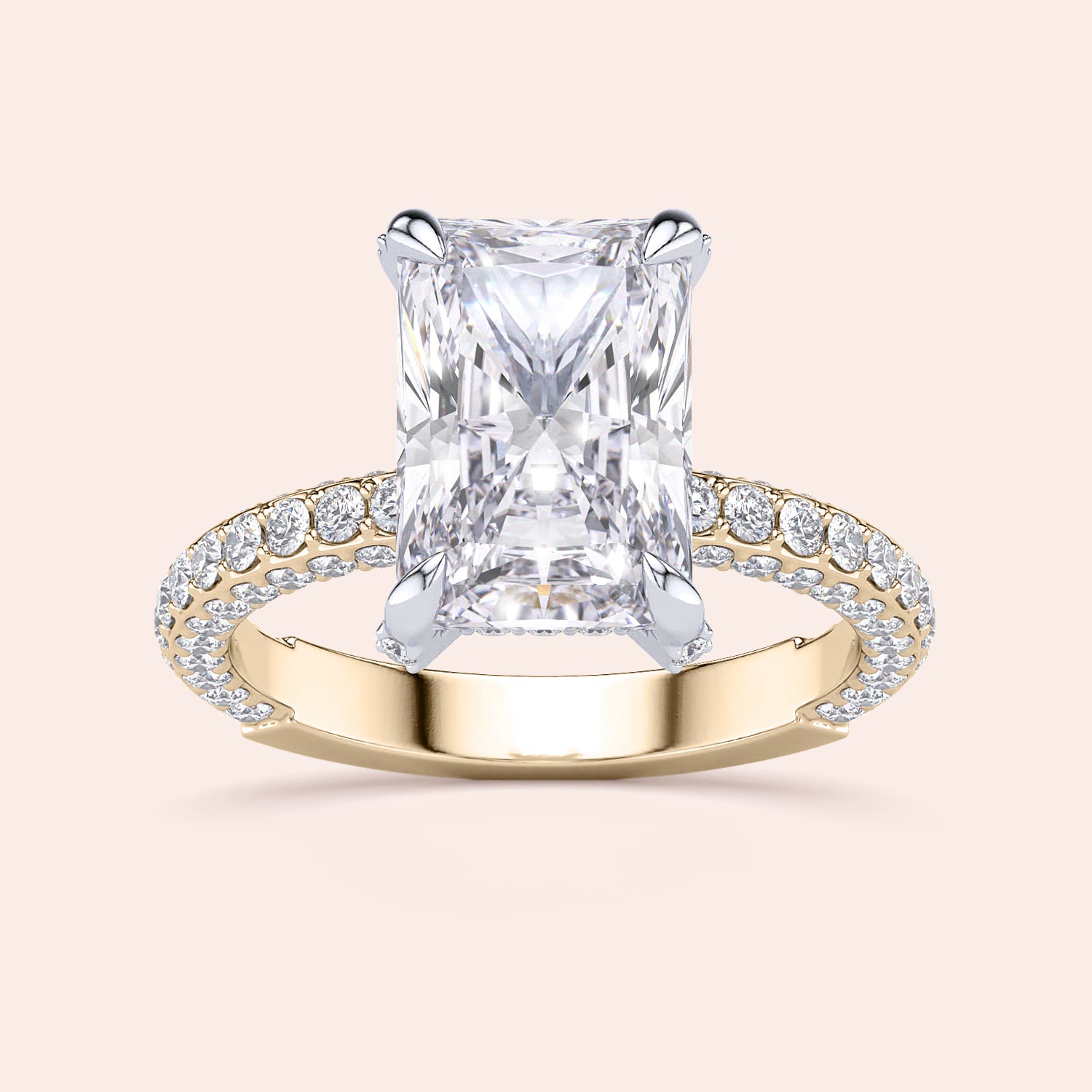 Two-tone 14K/18K white and yellow gold engagement ring with emerald-cut diamond and hidden halo design. |
#14KRecycledYellow/WhiteGold
#18KRecycledYellow/WhiteGold