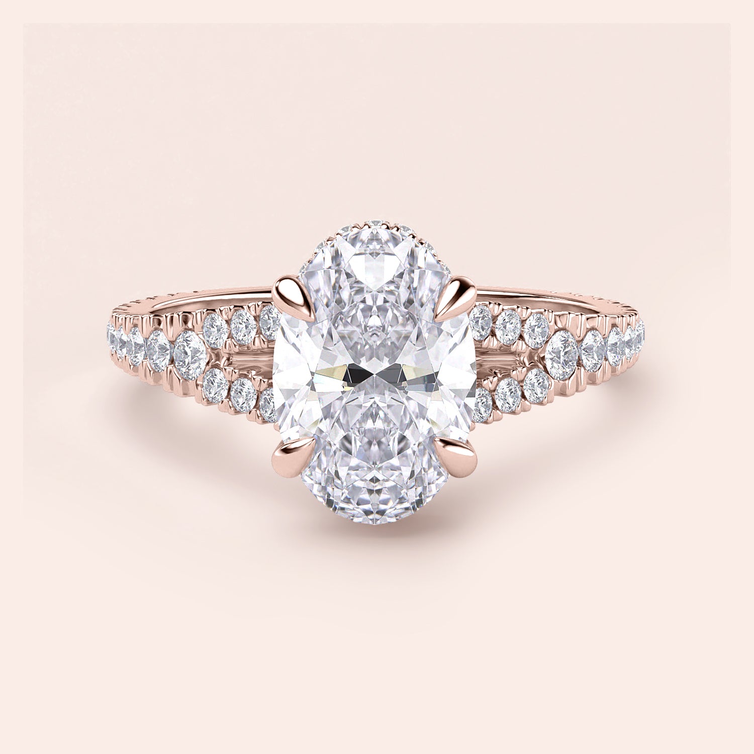 Oval Diamond Engagement Ring in 14K Rose Gold, featuring a split shank and hidden halo design, perfect for a timeless proposal.|
#14KRecycledRoseGold
#18KRecycledRoseGold