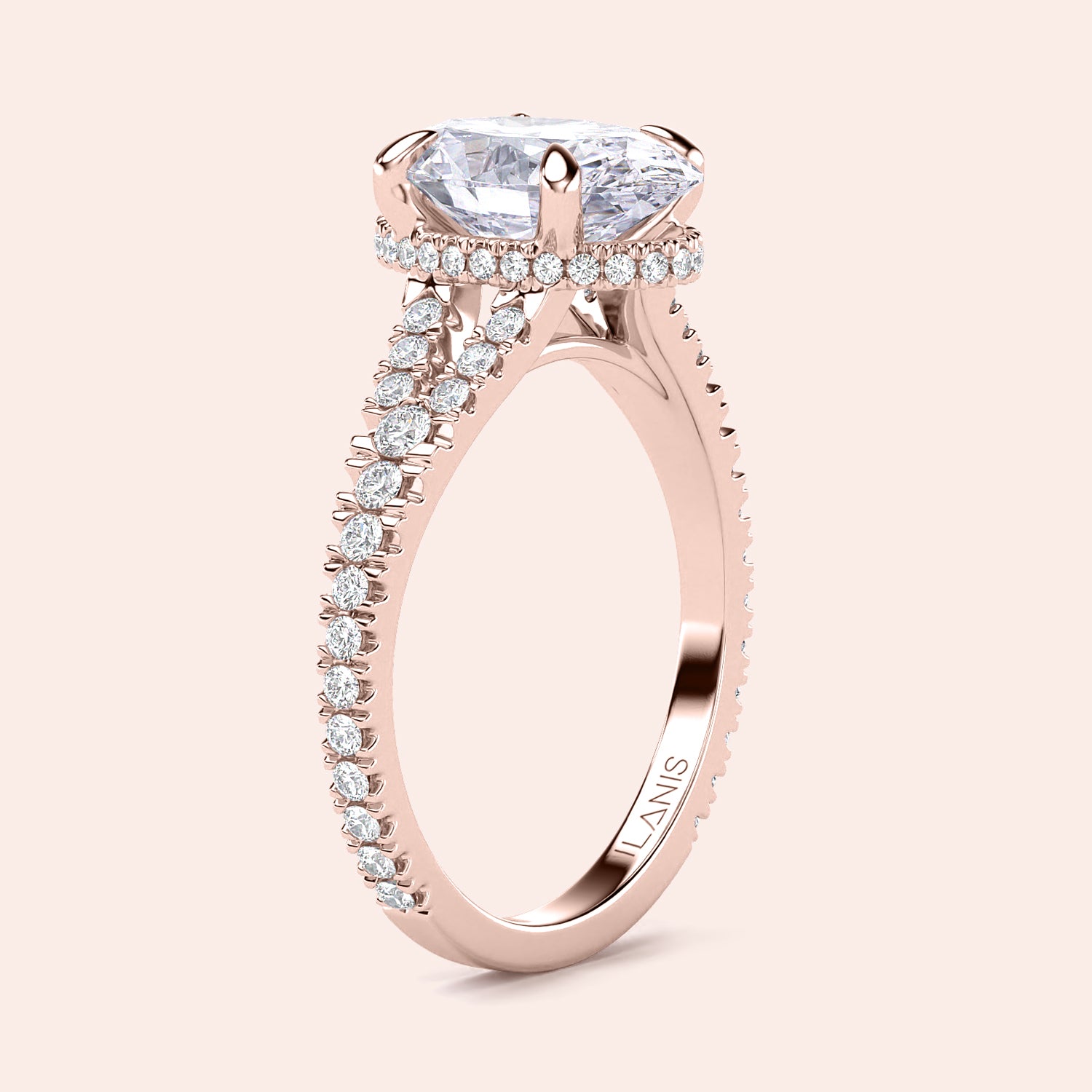 "Elegant 14K rose gold split shank engagement ring with hidden halo and pear-shaped diamond center."|
#14KRecycledRoseGold
#18KRecycledRoseGold