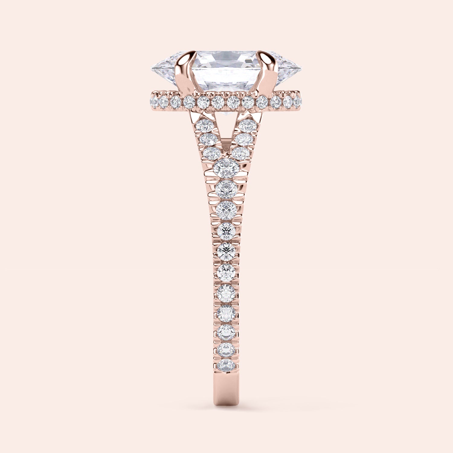 Elegant rose gold engagement ring in 14K/18K with radiant cut diamond center, halo, and pave setting of sparkling diamonds.|
#14KRecycledRoseGold
#18KRecycledRoseGold