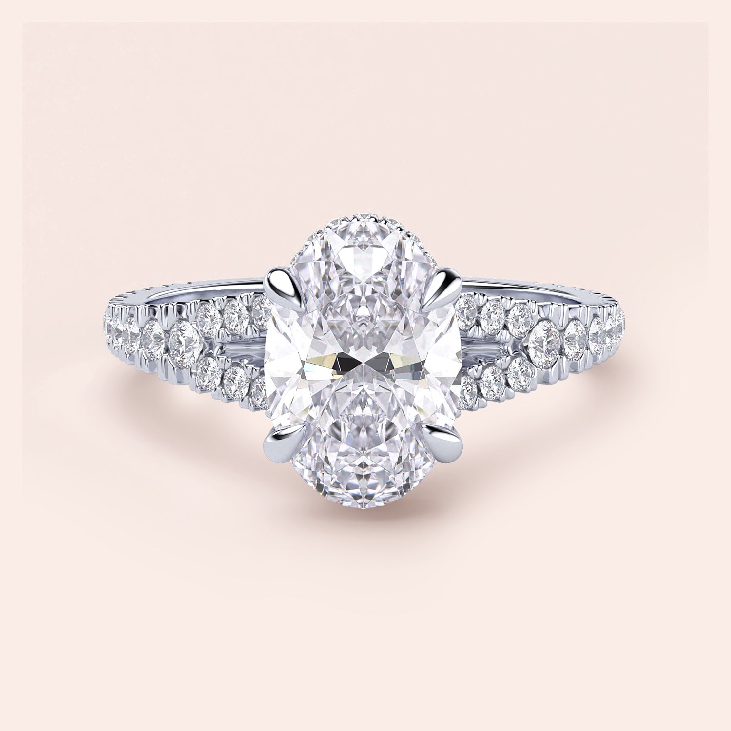 Elegant oval-shaped diamond engagement ring in 14K/18K gold or platinum with a dazzling diamond-encrusted band.|
#14KRecycledWhiteGold
#18KRecycledWhiteGold
#Platinum