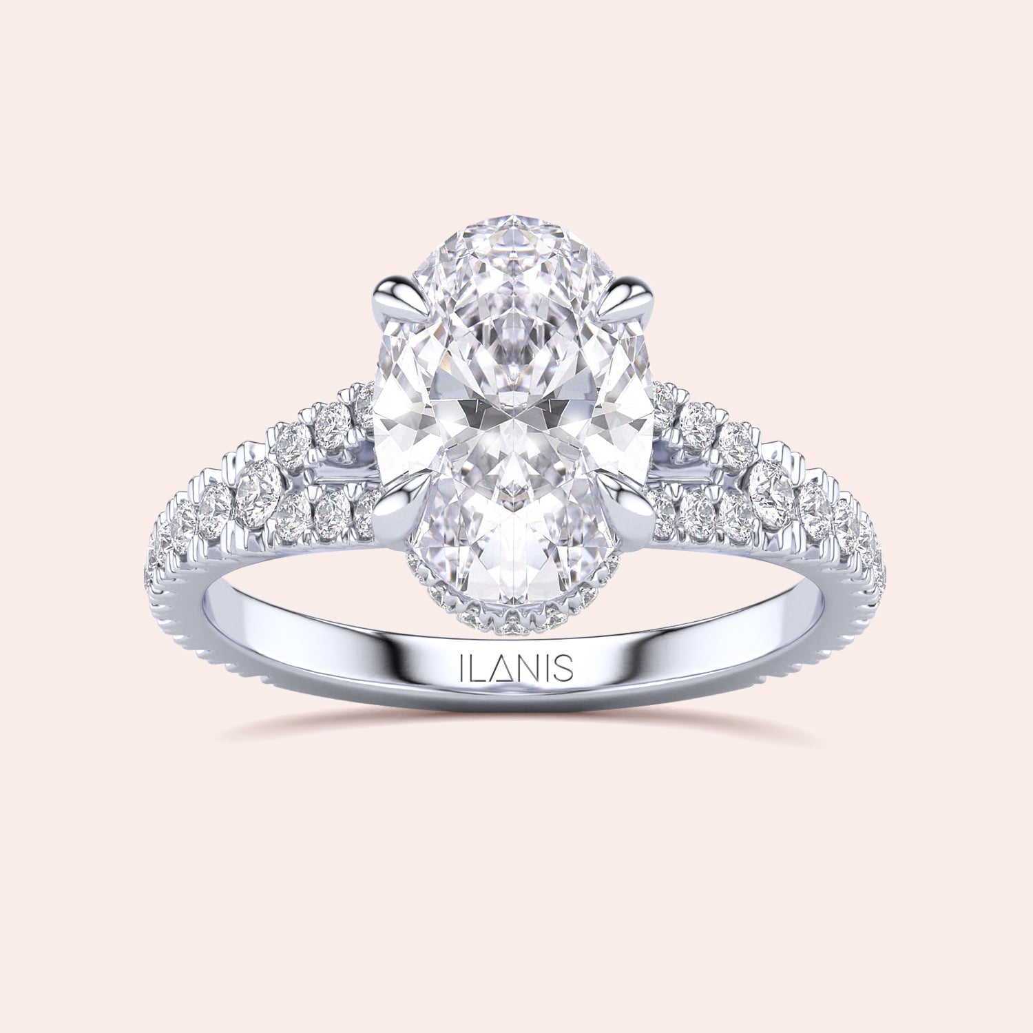Elegant oval diamond engagement ring in 14K or 18K gold or platinum, featuring a double row ofPave diamonds on a neutral background.|
#14KRecycledWhiteGold
#18KRecycledWhiteGold
#Platinum