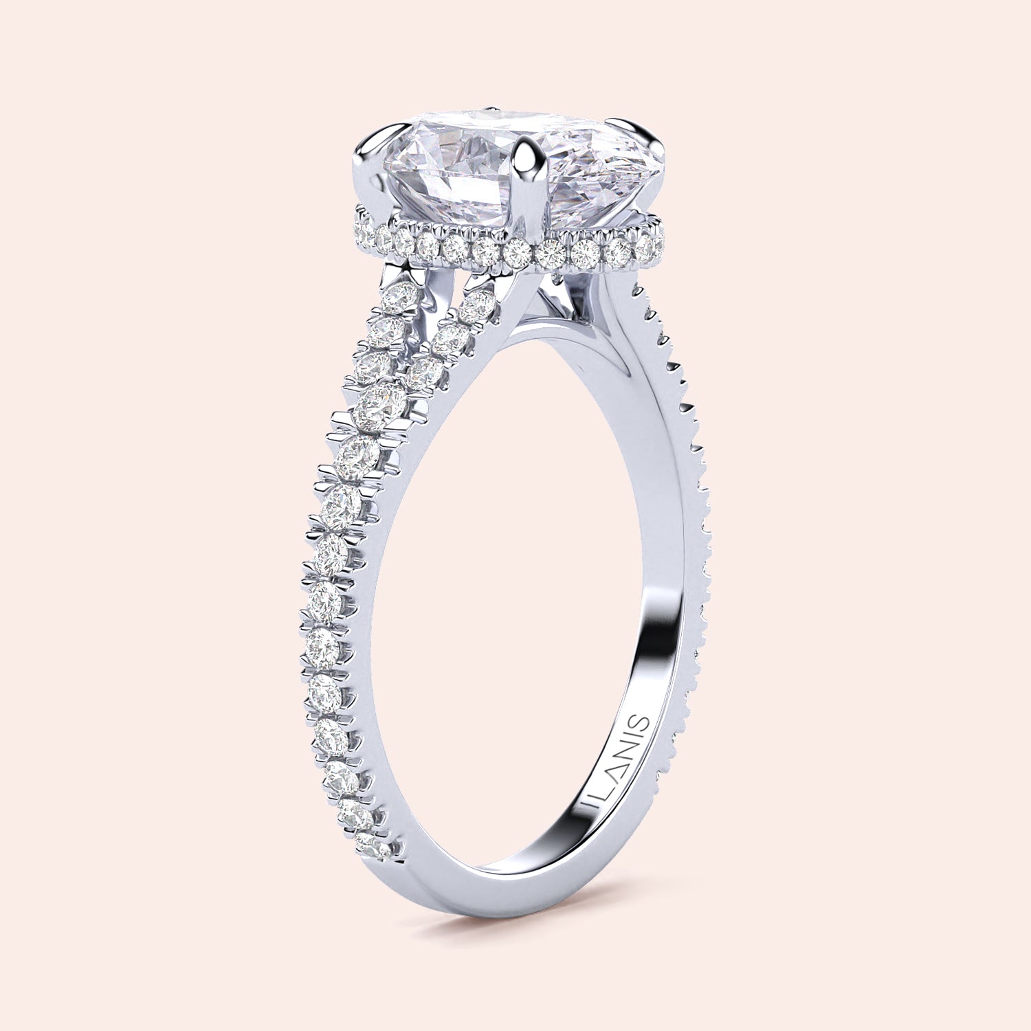 14K white gold engagement ring with oval diamond center, halo of smaller diamonds, and adorned band, shown unmodeled.|
#14KRecycledWhiteGold
#18KRecycledWhiteGold
#Platinum