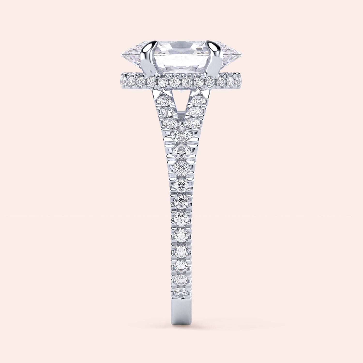Elegant 14K/18K white gold engagement ring with emerald-cut diamond, showcasing aPave diamond band and halo detail.|
#14KRecycledWhiteGold
#18KRecycledWhiteGold
#Platinum