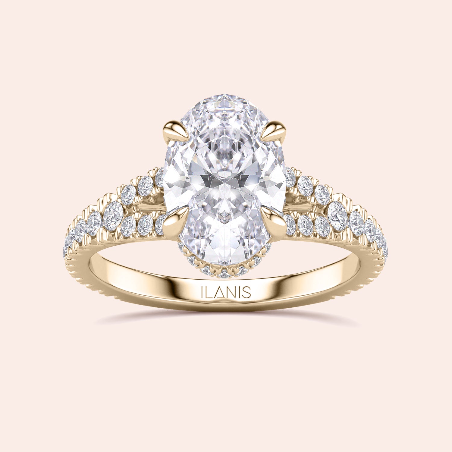 Elegant 14K yellow gold oval diamond engagement ring with pave-set diamonds, crafted by Ilanis Jewelry.|
#14KRecycledYellowGold
#18KRecycledYellowGold