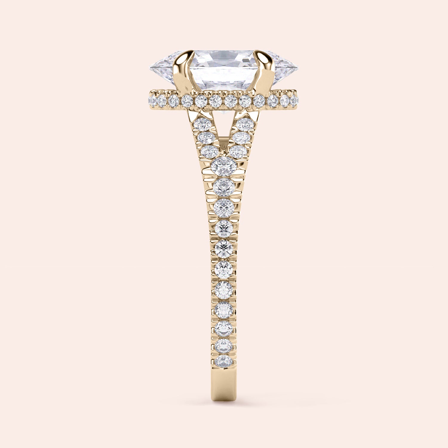 14K gold engagement ring featuring a sleek marquise-cut diamond center withPave-set diamonds on the band, side view.|
#14KRecycledYellowGold
#18KRecycledYellowGold