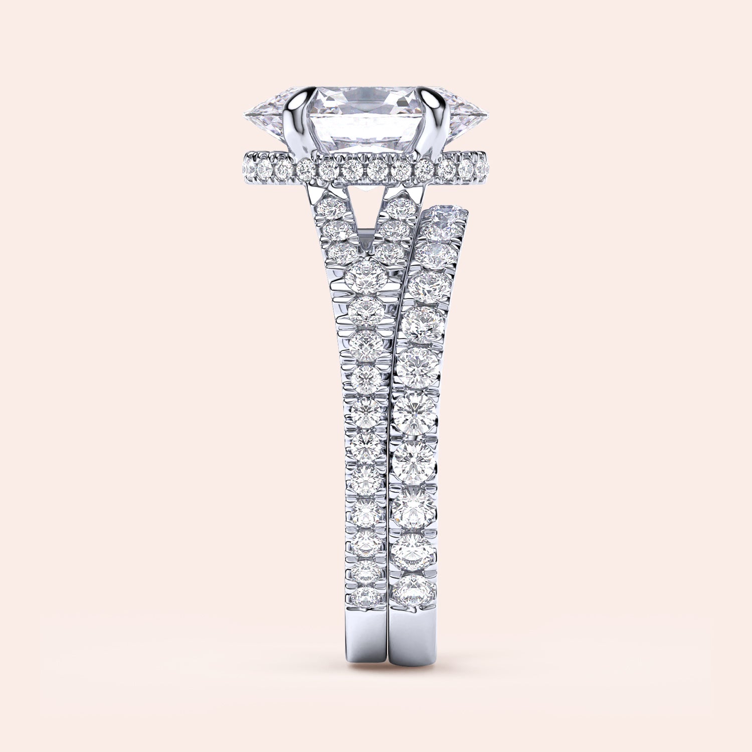 Elegant 14K White Gold engagement ring with radiant cut diamond and diamond-encrusted band, perfect for a timeless look.|
#14KRecycledWhiteGold
#18KRecycledWhiteGold
#Platinum