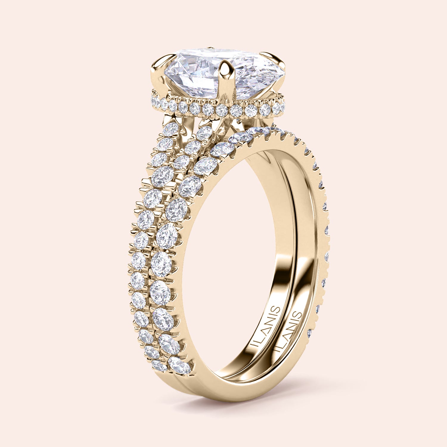 Stunning 14K yellow gold oval split shank hidden halo engagement ring with marquise diamond andPave side stones.|
#14KRecycledYellowGold
#18KRecycledYellowGold