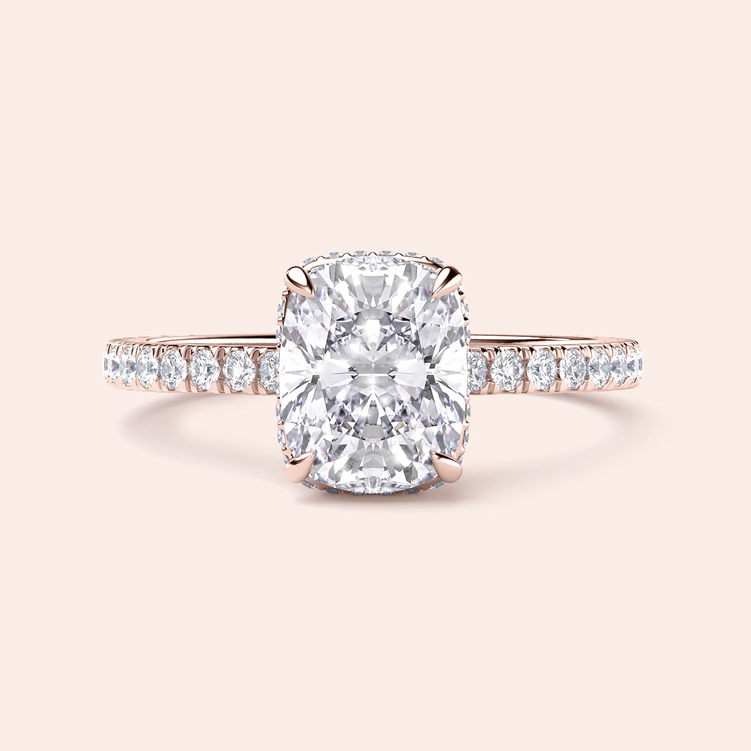 Elegant 14K or 18K rose gold engagement ring with cushion-cut diamond andPave diamond band for luxurious brilliance.|
#14KRecycledRoseGold
#18KRecycledRoseGold