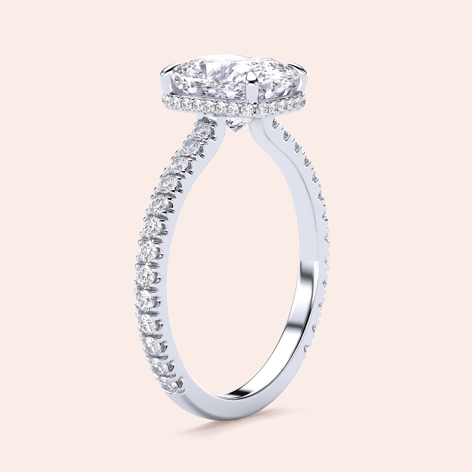 Elegant oval diamond halo engagement ring in 14K or 18K gold, featuring a stunning oval center diamond and a diamond-studded band.|
#14KRecycledWhiteGold
#18KRecycledWhiteGold
#Platinum