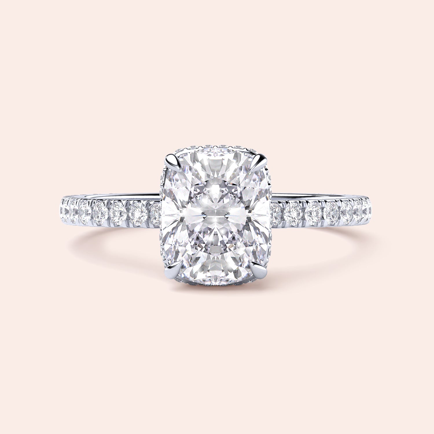 "Elegant 14K/18K/Platinum engagement ring with cushion diamond and hidden halo, radiating timeless beauty and sophistication."|
#14KRecycledWhiteGold
#18KRecycledWhiteGold
#Platinum