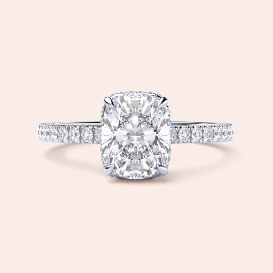 "Elegant 14K/18K/Platinum engagement ring with cushion diamond and hidden halo, radiating timeless beauty and sophistication."