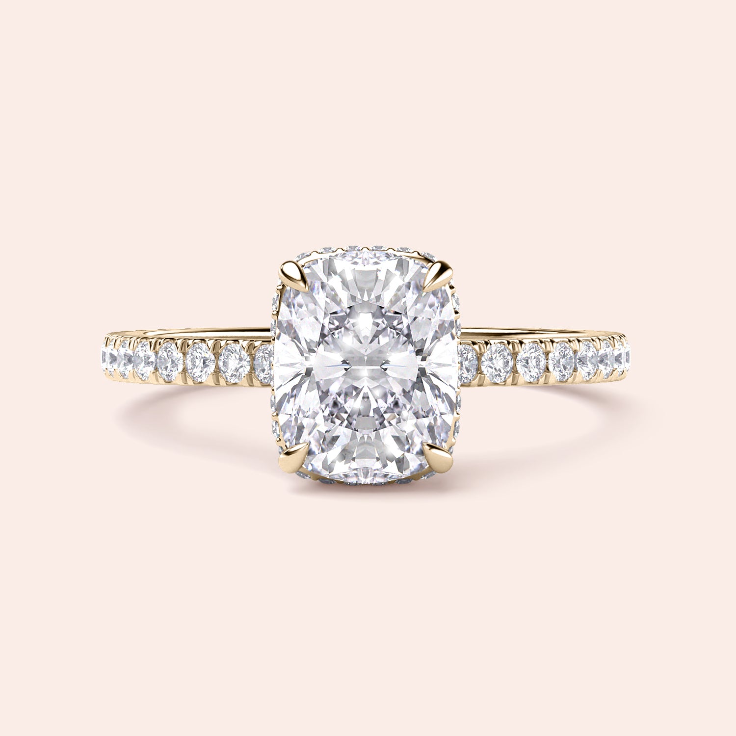 Elegant 14K yellow gold cushion-cut diamond engagement ring withPave band detailing and delicate claw prongs.|
#14KRecycledYellowGold
#18KRecycledYellowGold