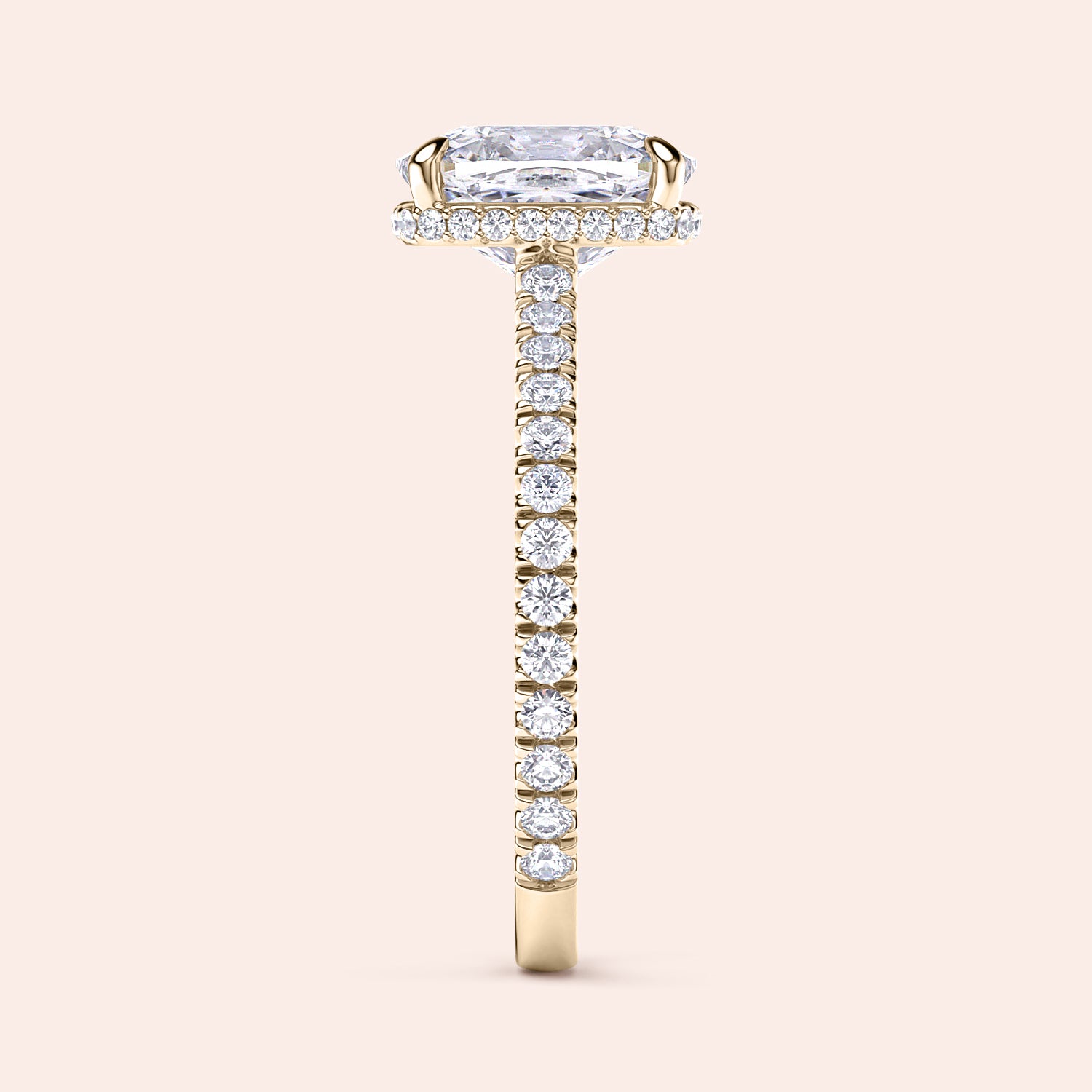 Elegant engagement ring in 14K yellow gold featuring a radiant-cut diamond and pave diamond band. Perfect for any proposal.|
#14KRecycledYellowGold
#18KRecycledYellowGold