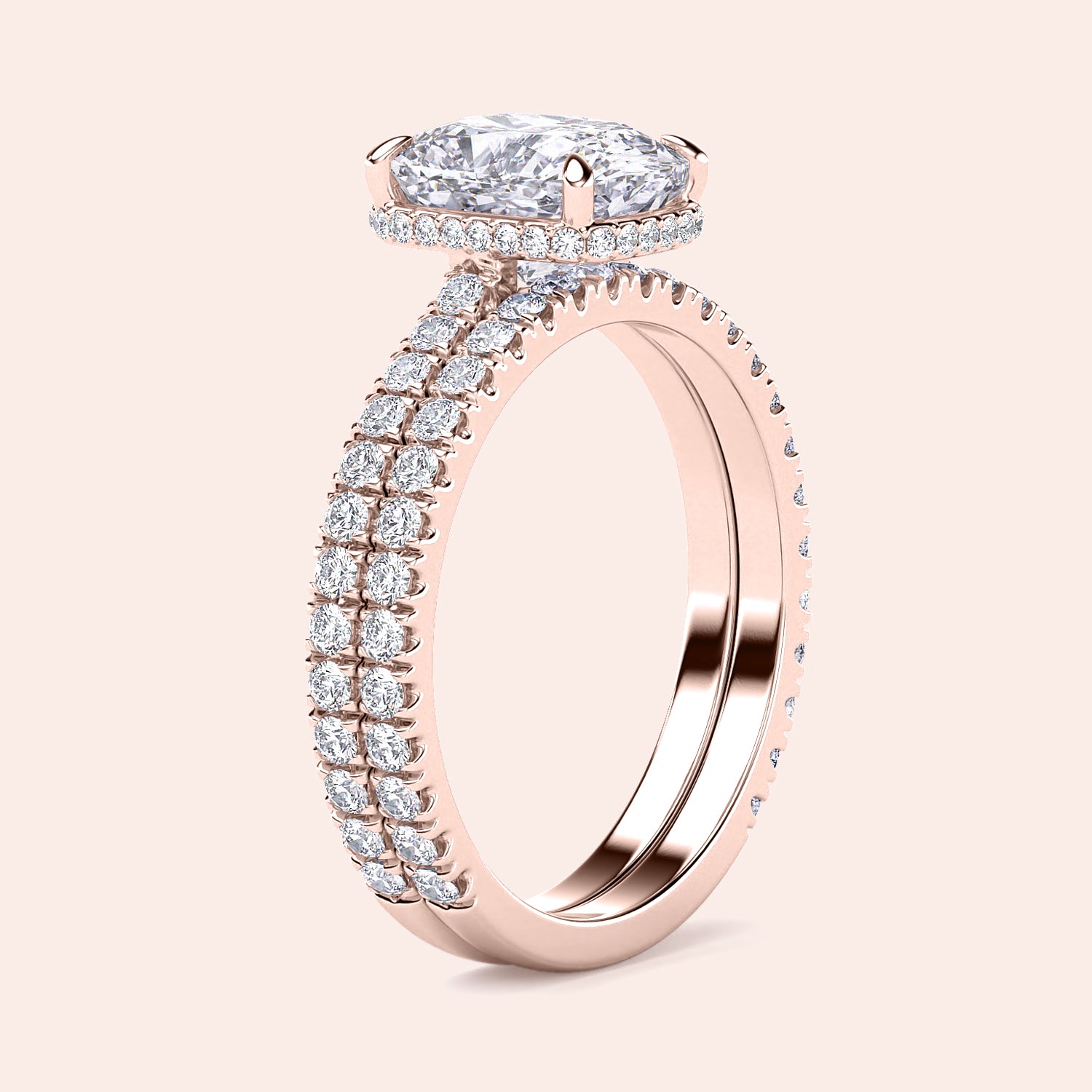Stunning 14K or 18K rose gold engagement ring with a radiant oval diamond andPave halo, exuding timeless luxury.|
#14KRecycledRoseGold
#18KRecycledRoseGold