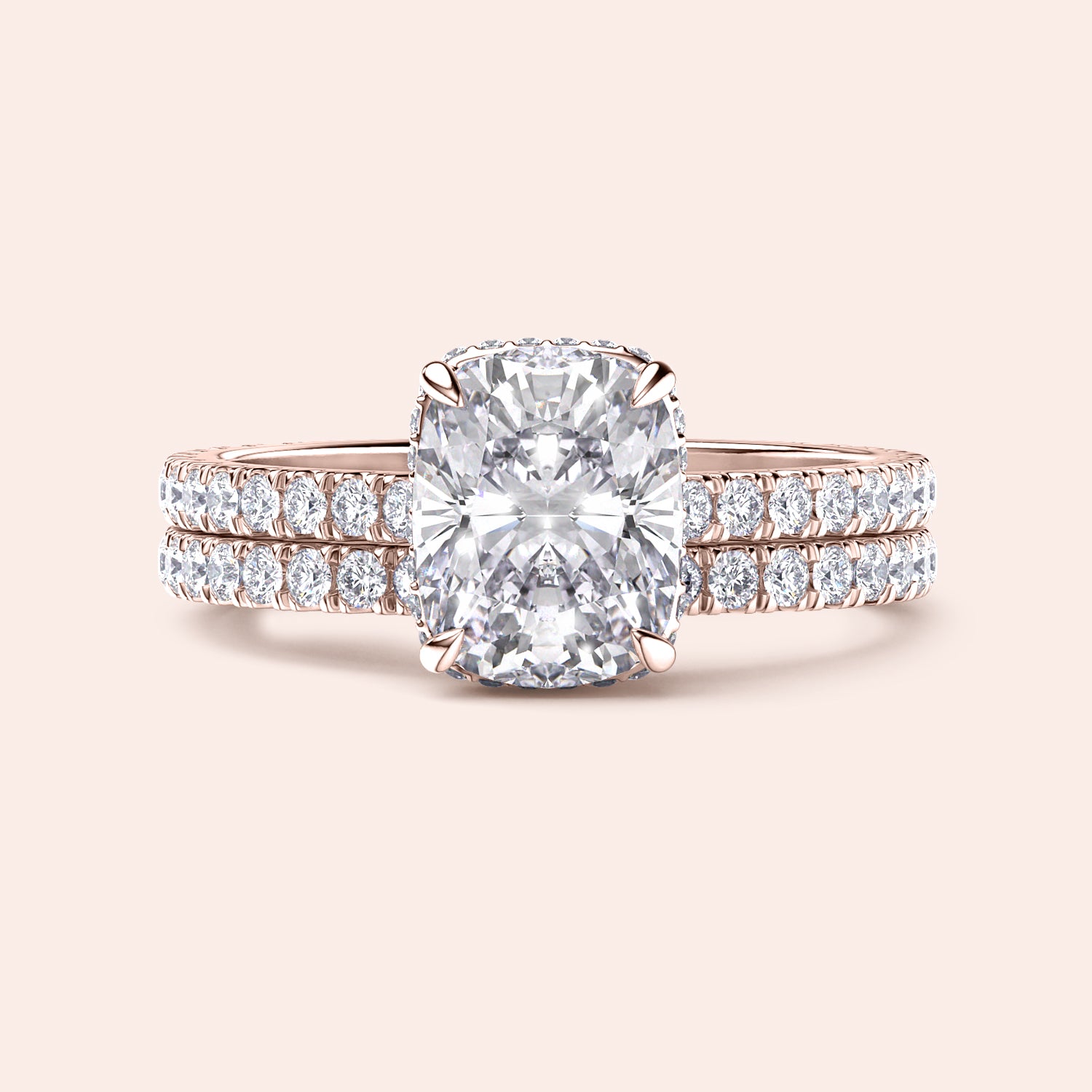 Stunning 14K or 18K rose gold cushion-cut diamond engagement ring with intricatePave band, perfect for timeless elegance.|
#14KRecycledRoseGold
#18KRecycledRoseGold