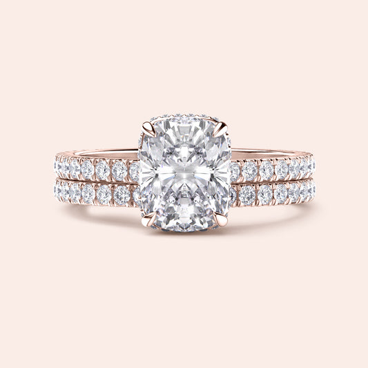 Stunning 14K or 18K rose gold cushion-cut diamond engagement ring with intricatePave band, perfect for timeless elegance.