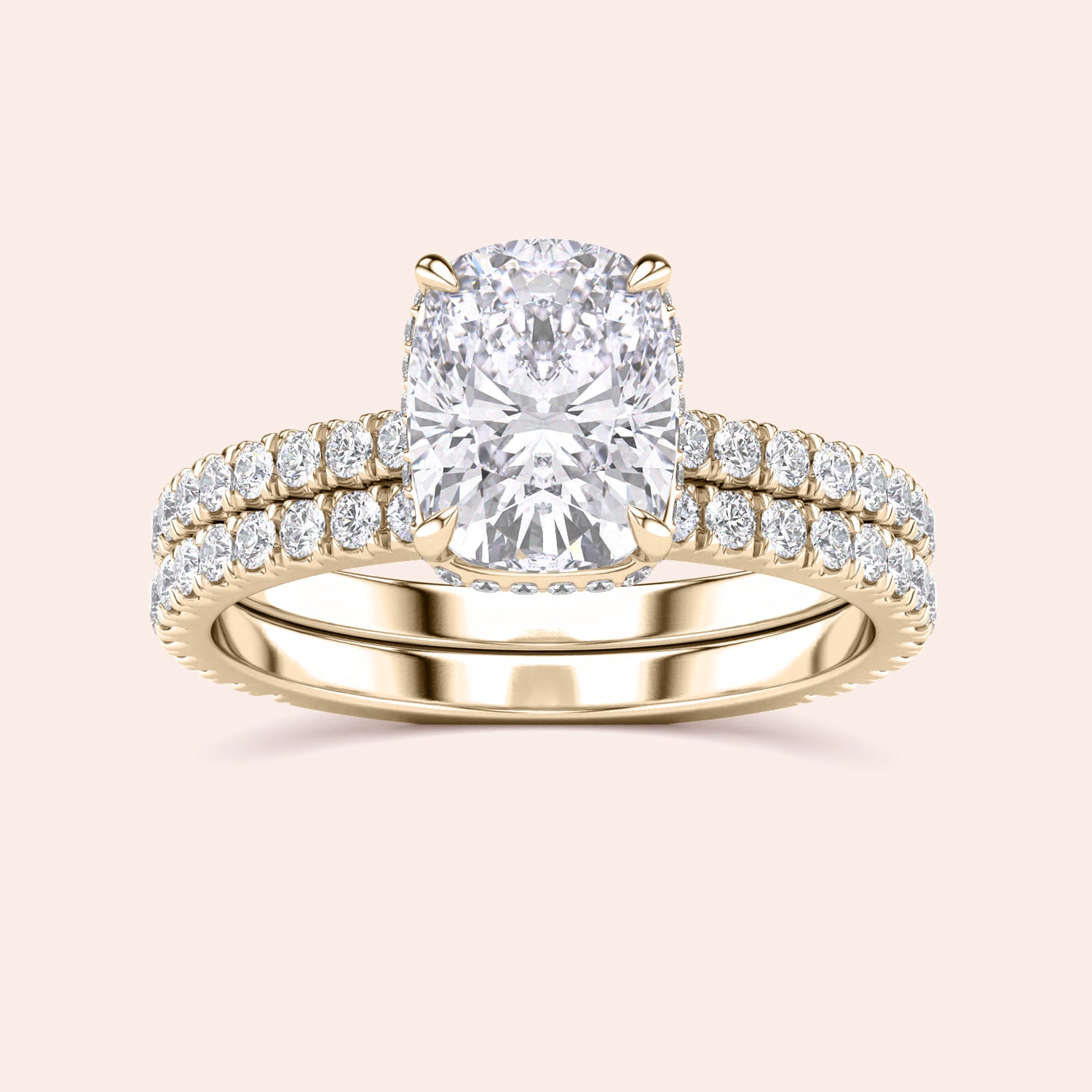 Elegant yellow gold engagement ring featuring a cushion-cut diamond andPave band, available in 14K, 18K, and platinum options.|
#14KRecycledYellowGold
#18KRecycledYellowGold
