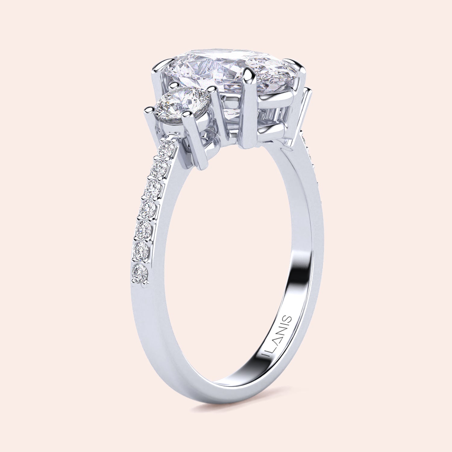 Elegant engagement ring featuring a marquise-cut diamond centerpiece and side stones, set in 14K or 18K white gold or platinum.|
#14KRecycledWhiteGold
#18KRecycledWhiteGold
#Platinum