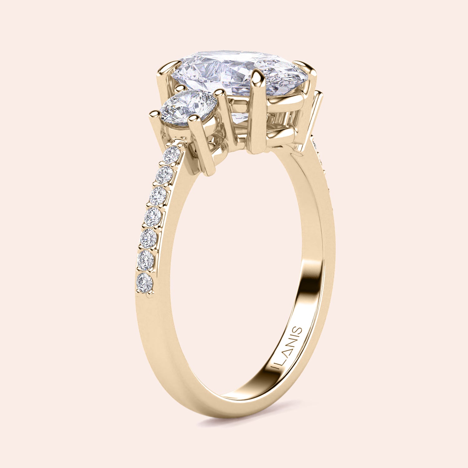 Elegant 14K yellow gold diamond engagement ring featuring an oval-cut center stone with accent diamonds, shown unworn.|
#14KRecycledYellowGold
#18KRecycledYellowGold