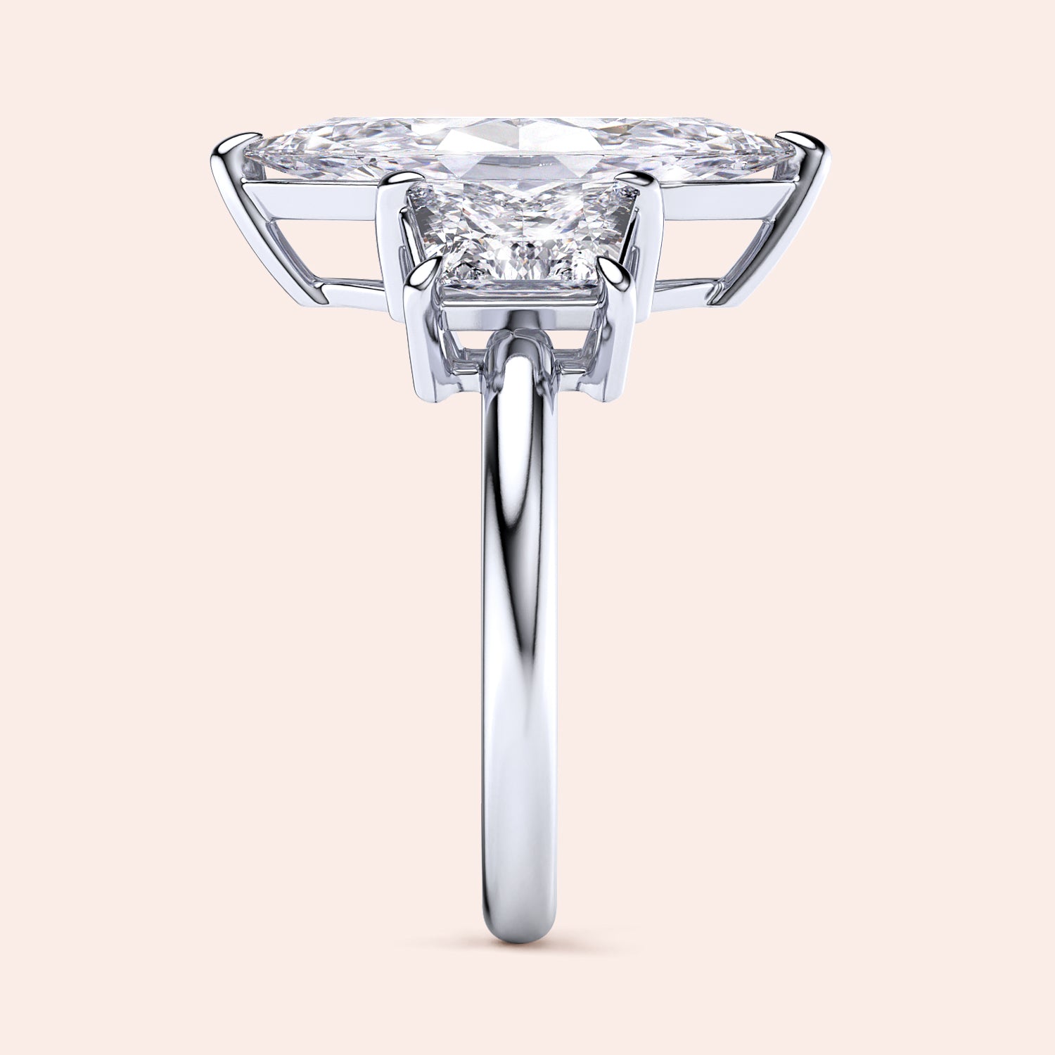 "Elegant 14K white gold engagement ring featuring a marquise-cut jade and three trapezoid stones in a stunning design."|
#14KRecycledWhiteGold
#18KRecycledWhiteGold
#Platinum