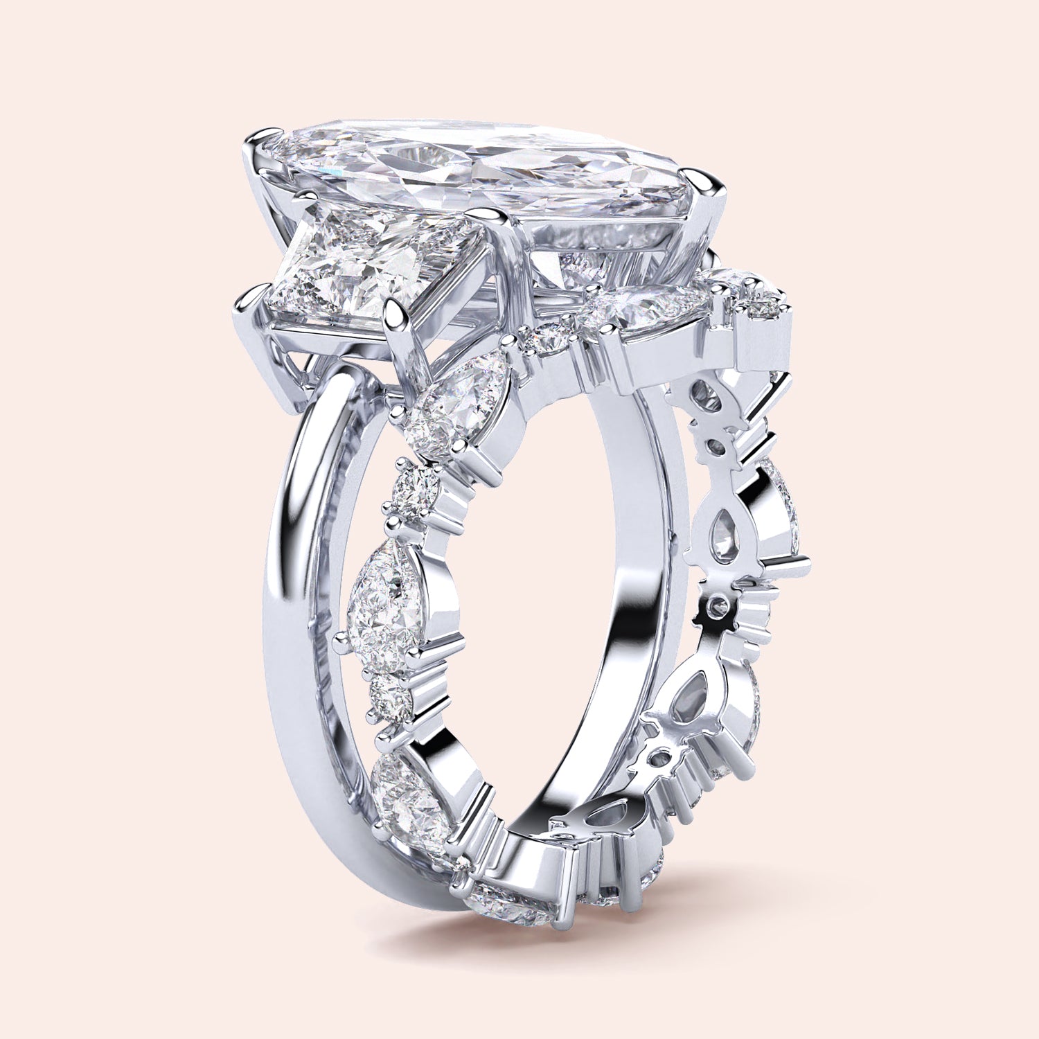 Elegant 14K or 18K gold or platinum engagement ring with a square diamond shape, worn on a model's hand, featuring accent diamonds.|
#14KRecycledWhiteGold
#18KRecycledWhiteGold
#Platinum