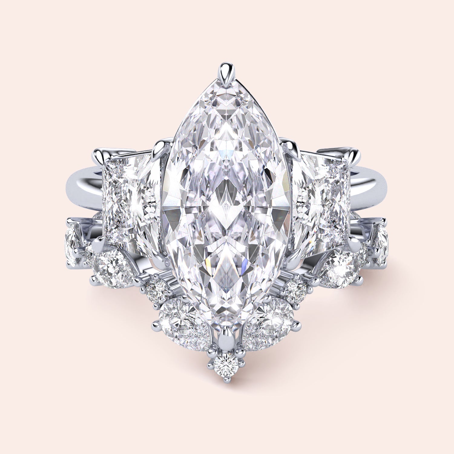 Elegant 14K or 18K gold or platinum engagement ring with a square diamond shape, worn on a model's hand, featuring accent diamonds.|
#14KRecycledWhiteGold
#18KRecycledWhiteGold
#Platinum