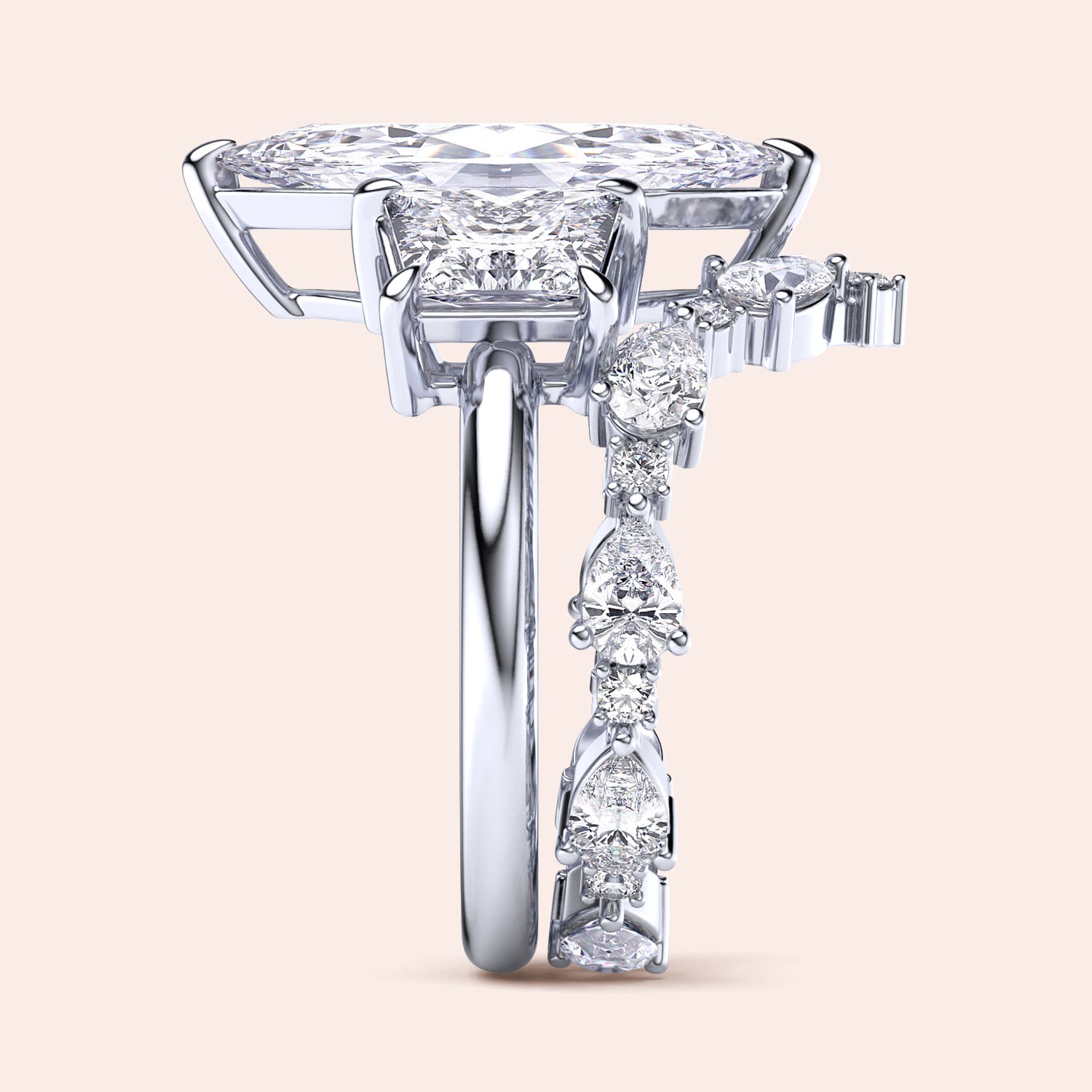 Elegant 14K or 18K gold or platinum engagement ring with a square diamond shape, worn on a model's hand, featuring accent diamonds.|
#14KRecycledWhiteGold
#18KRecycledWhiteGold
#Platinum