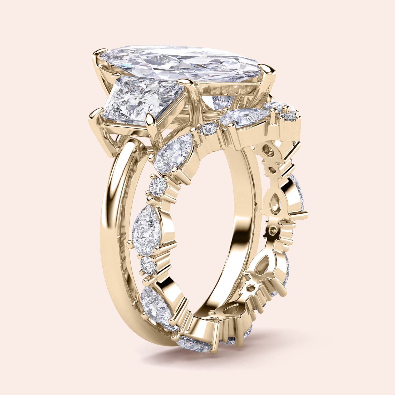 Radiant cut diamond engagement ring in 14K yellow gold with split-shank design and round diamond accents for a stunning look.|
#14KRecycledYellowGold
#18KRecycledYellowGold