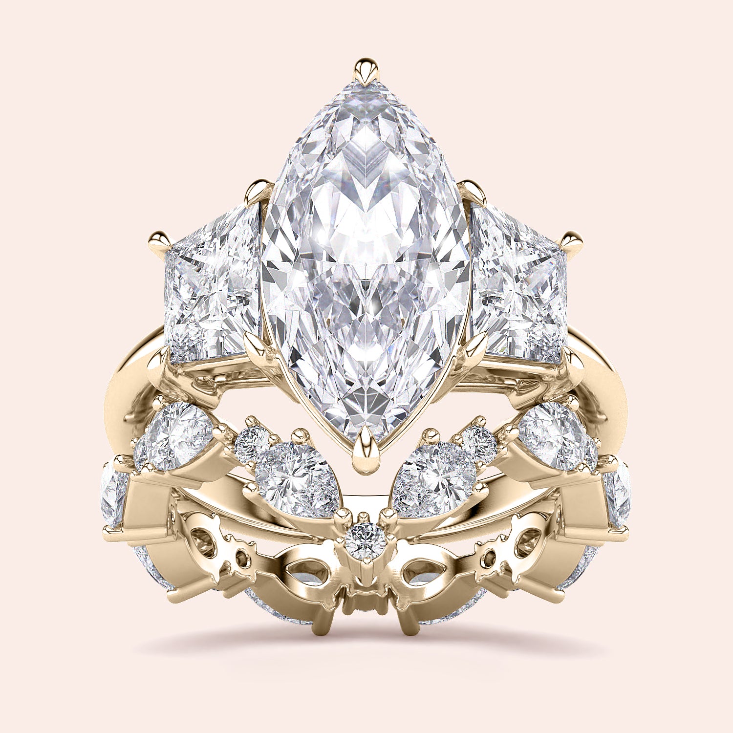 Radiant cut diamond engagement ring in 14K yellow gold with split-shank design and round diamond accents for a stunning look.|
#14KRecycledYellowGold
#18KRecycledYellowGold