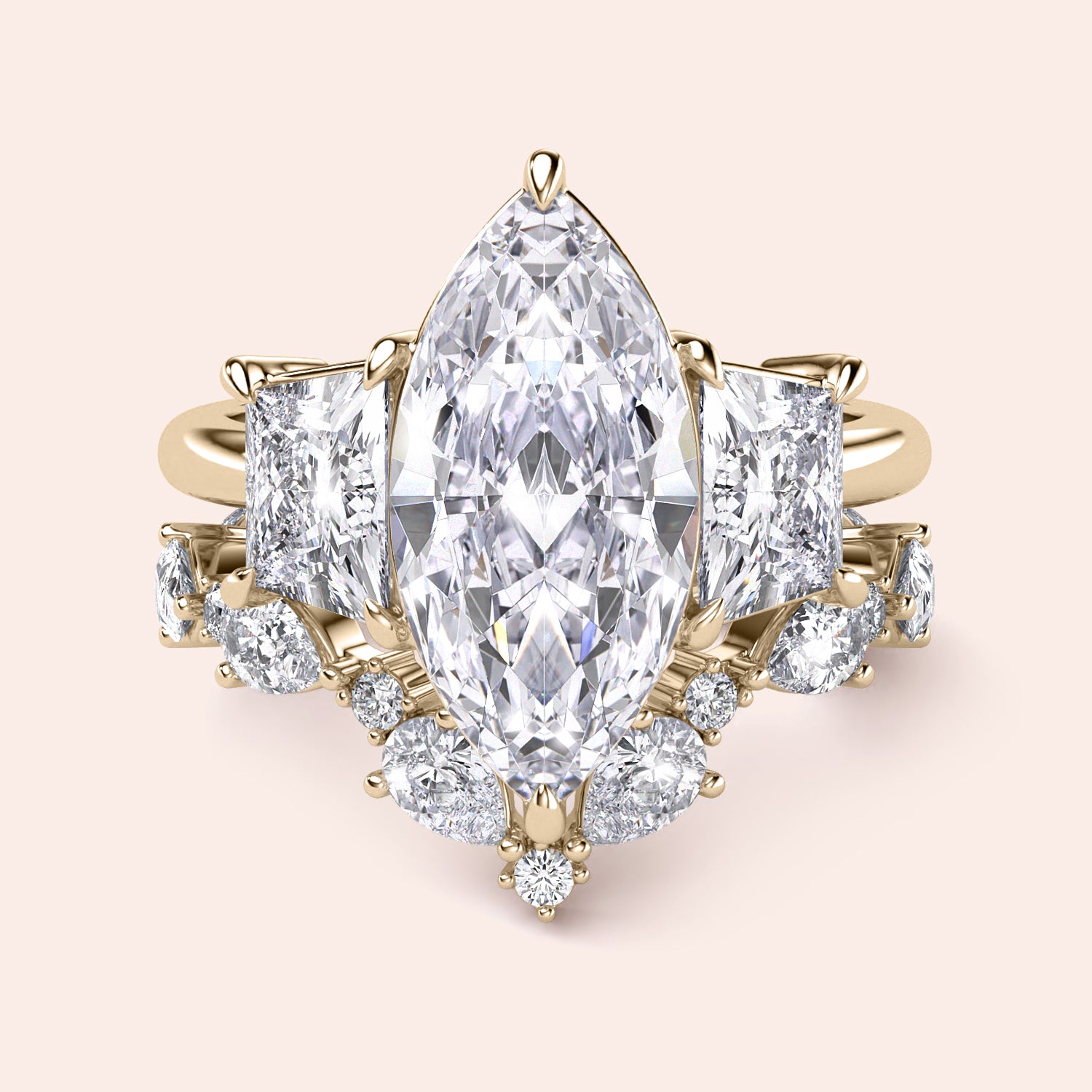 Radiant cut diamond engagement ring in 14K yellow gold with split-shank design and round diamond accents for a stunning look.|
#14KRecycledYellowGold
#18KRecycledYellowGold